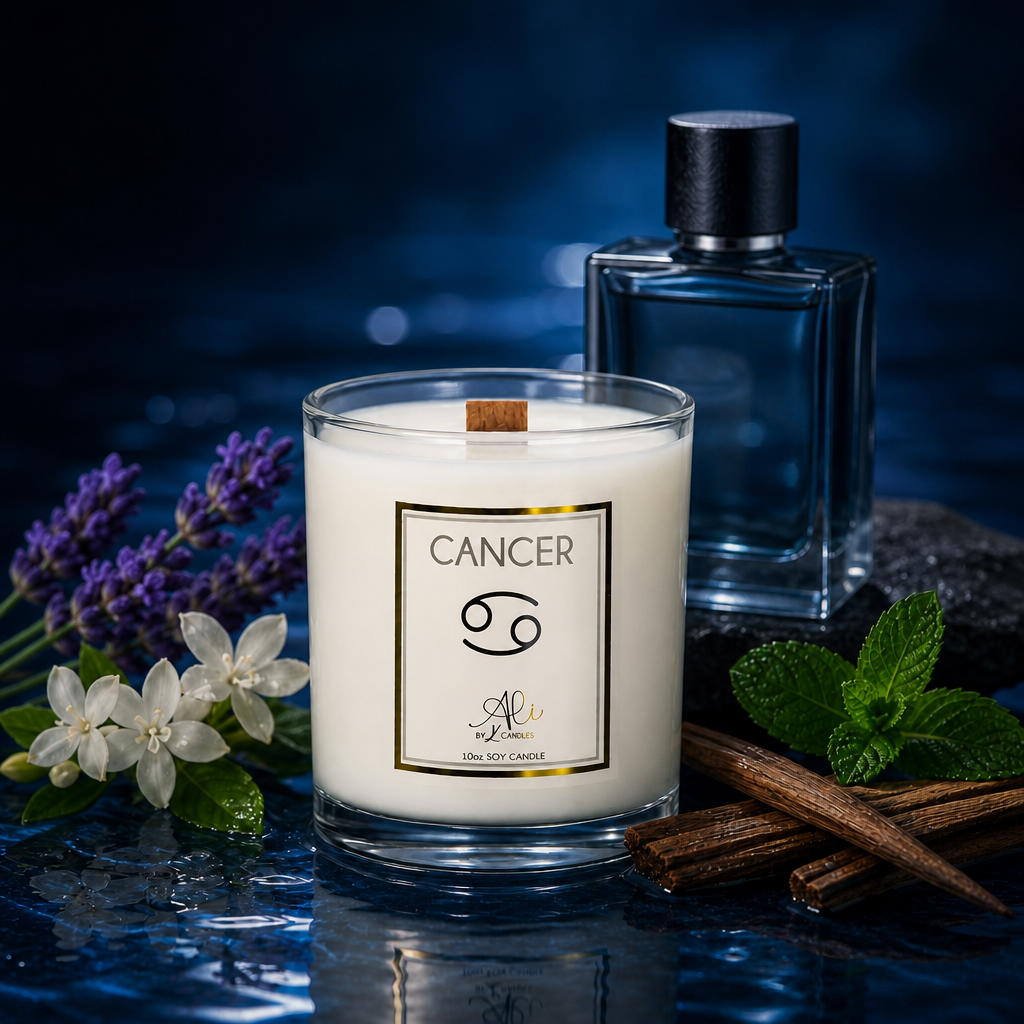 Cancer zodiac scented soy candle with amber, sandalwood and citrus