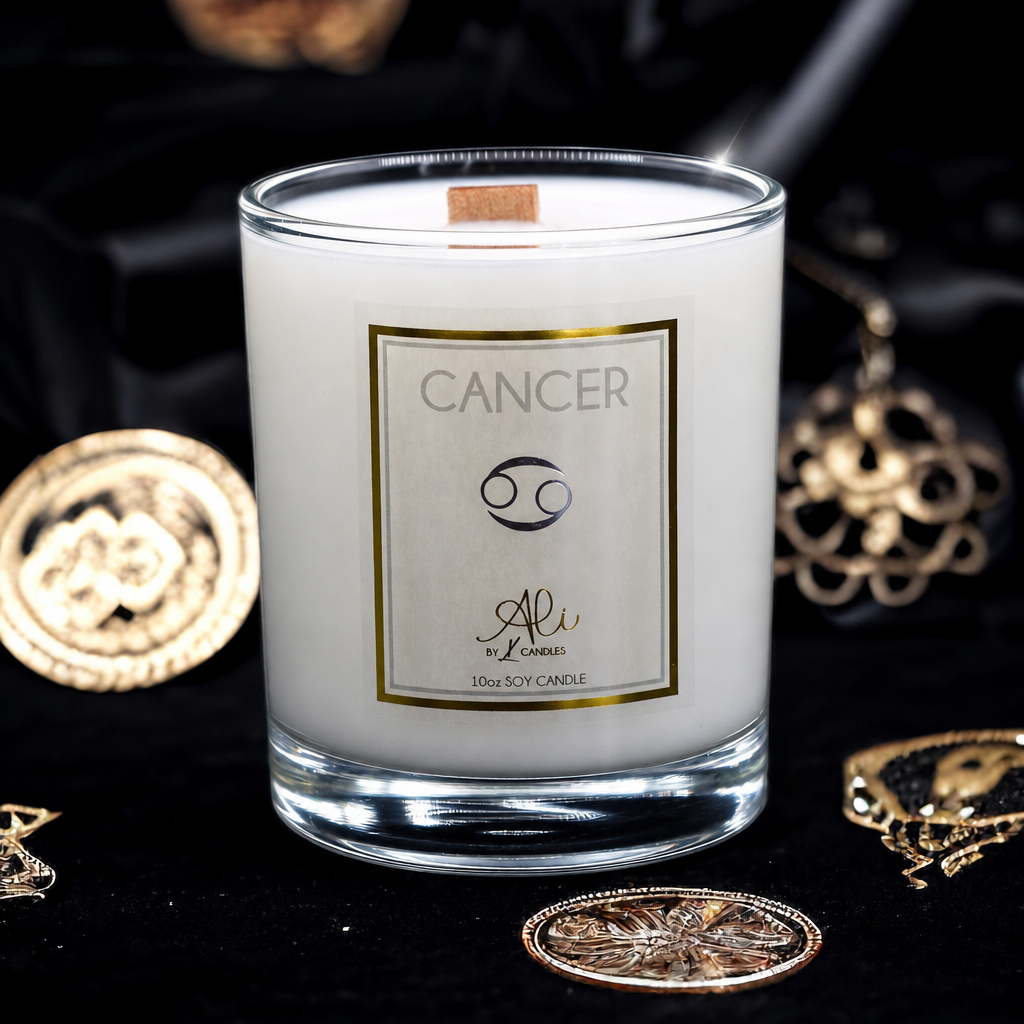 Cancer zodiac scented soy candle with amber, sandalwood and citrus