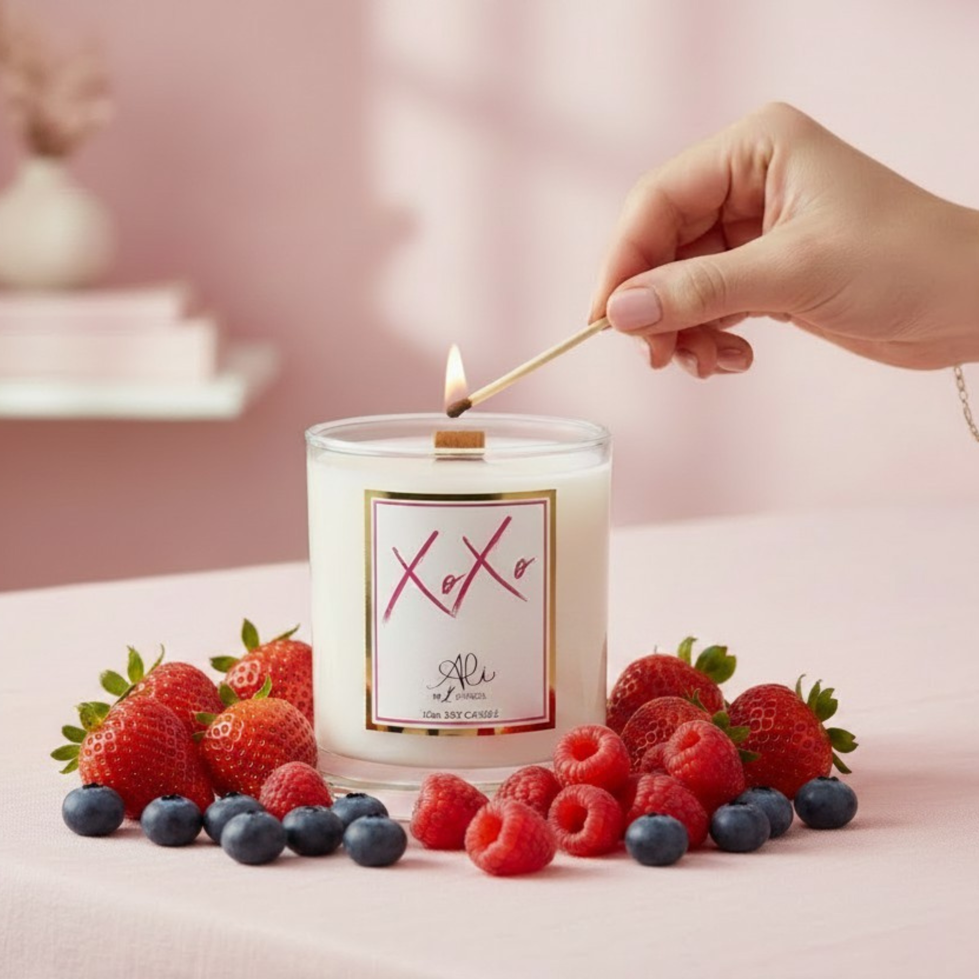 Candle being lit with a match, surrounded by strawberries and raspberries on a pink background