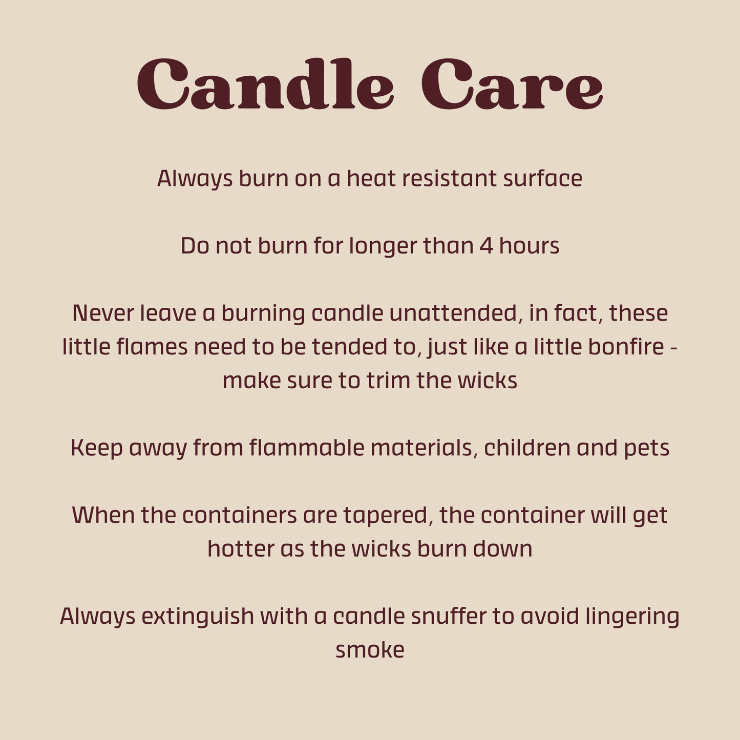 Candle care instructions on a beige background