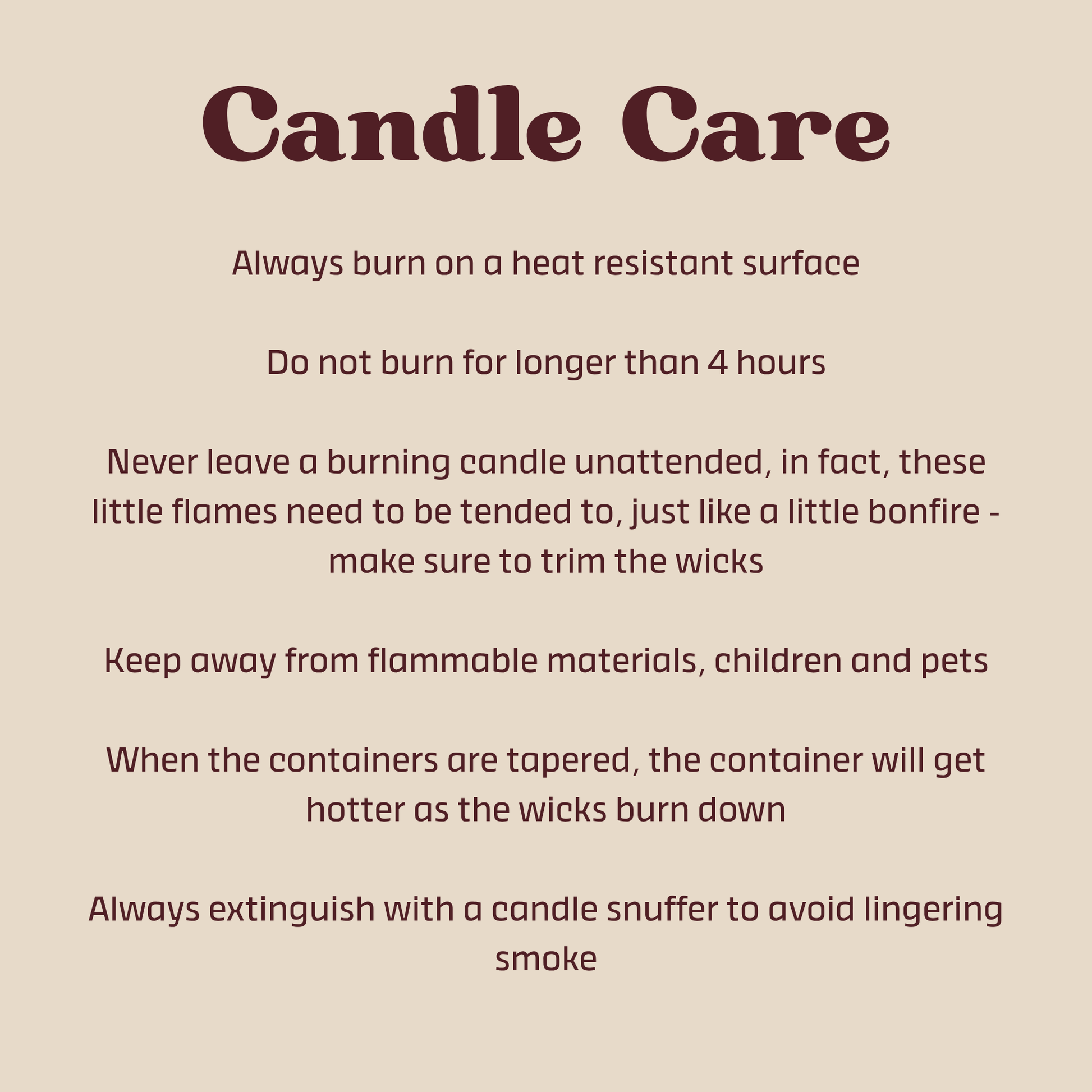 Candle care instructions on a beige background