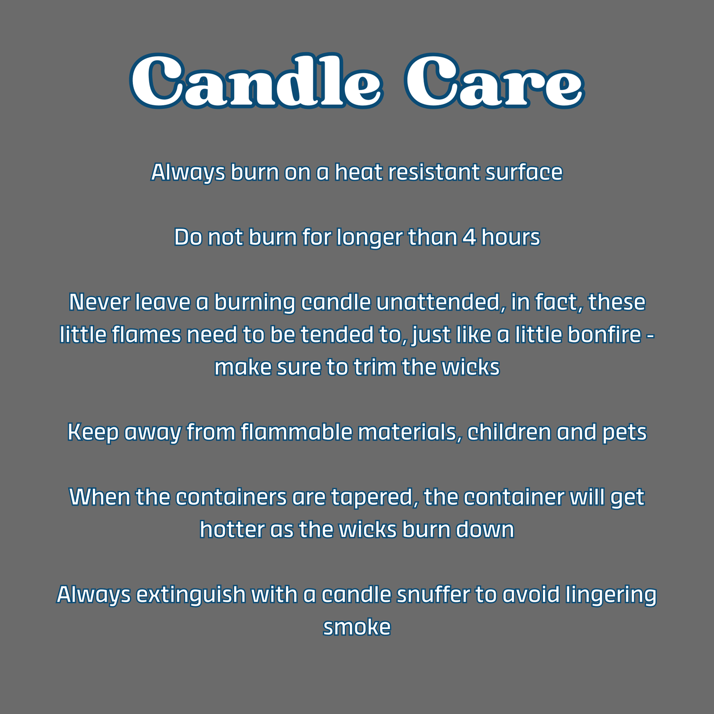 Text on candle care instructions with a dark background