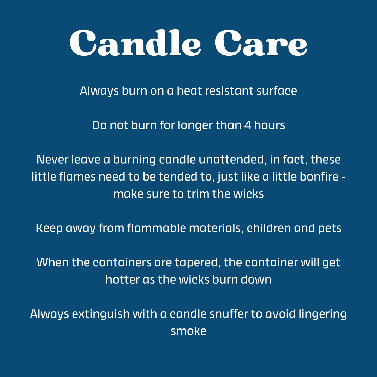 Candle care instructions on a blue background