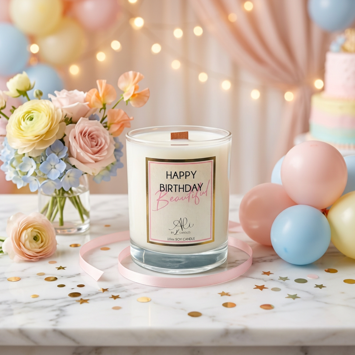 Birthday candle with 'Happy Birthday Beautiful' message, surrounded by flowers and balloons on a decorative table.