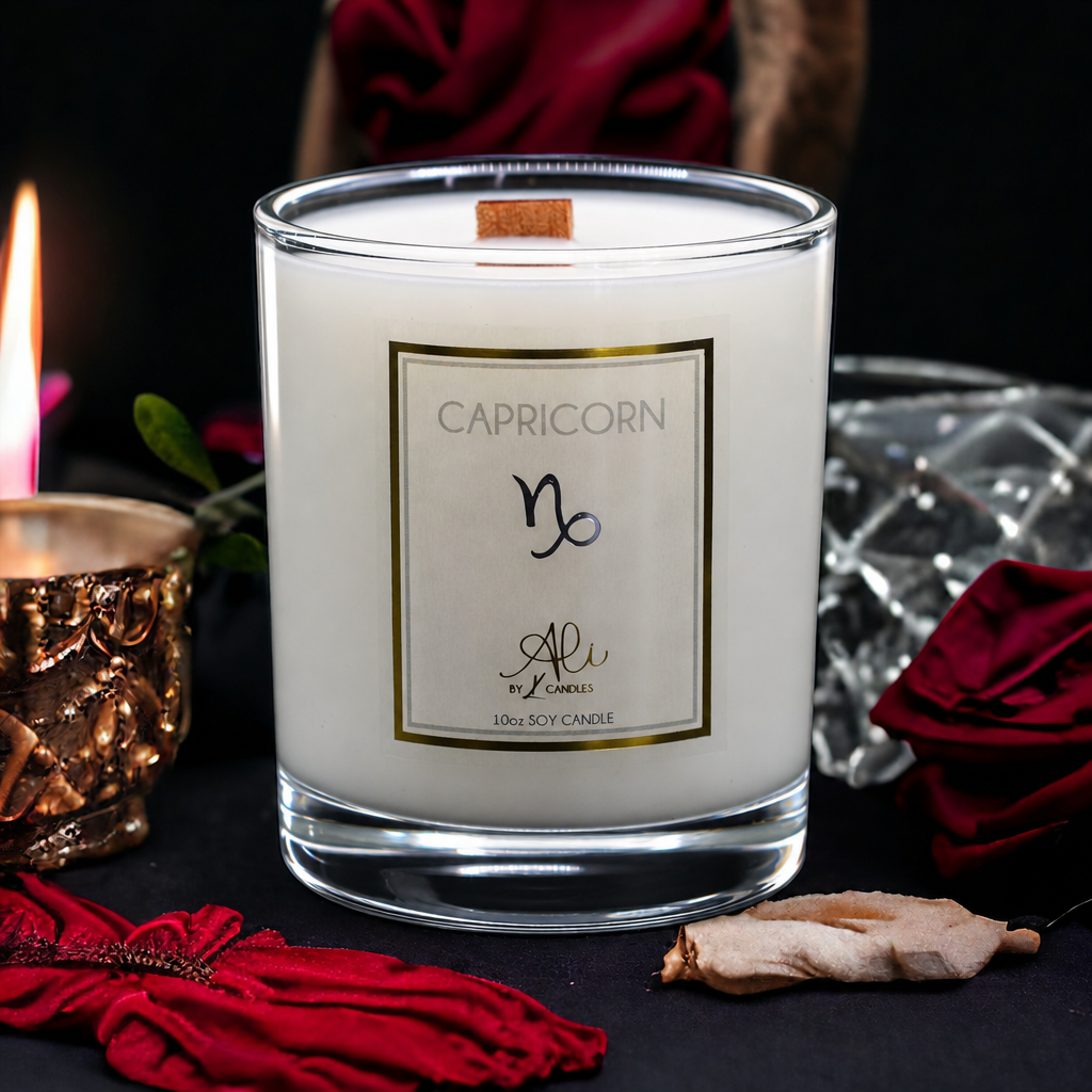 Capricorn zodiac scented soy candle with amber, sandalwood and citrus