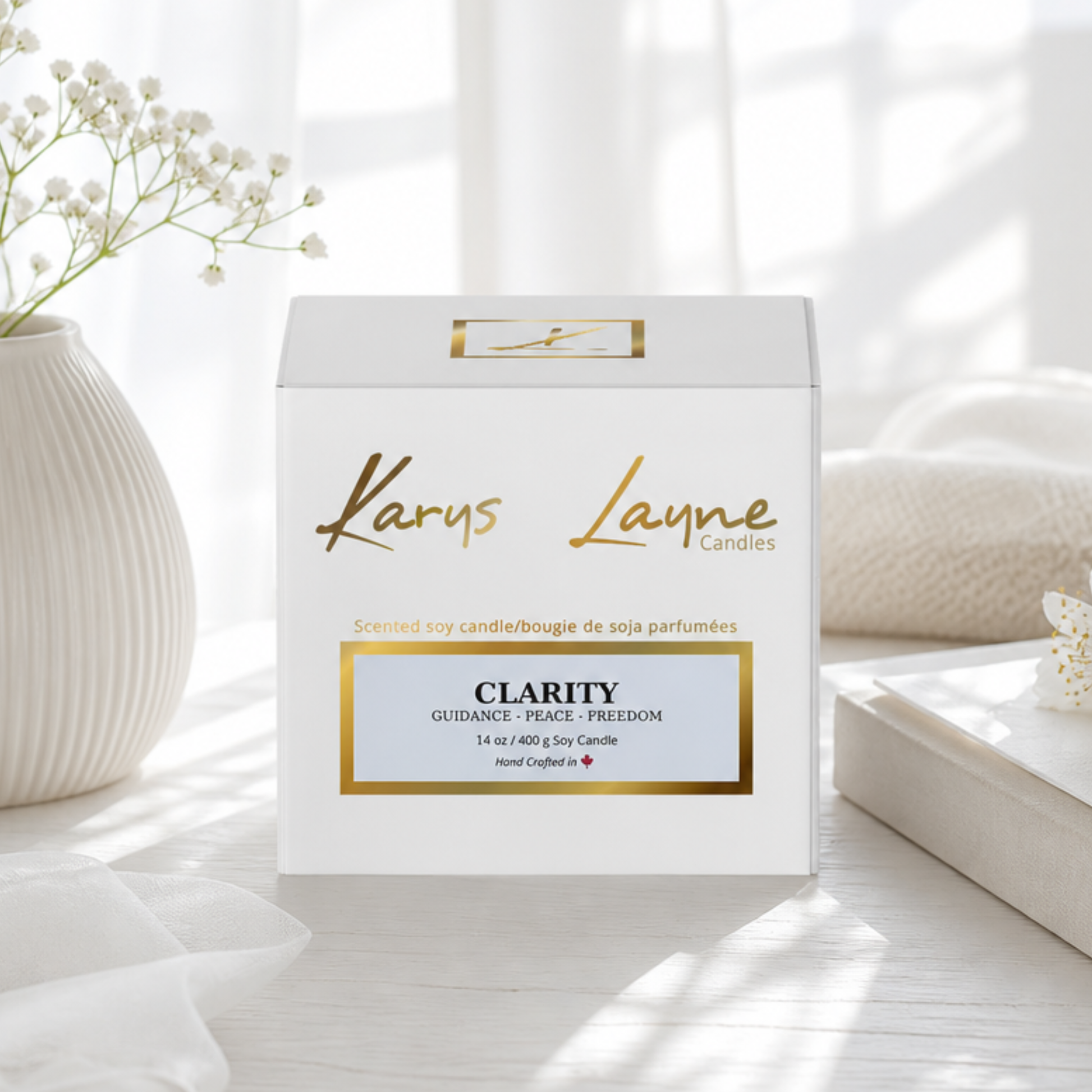 Clarity Karys Layne Crystal Candles. Infused with Cucumber, Warm Amber and spice. Contains dual crackling wooden wicks. 