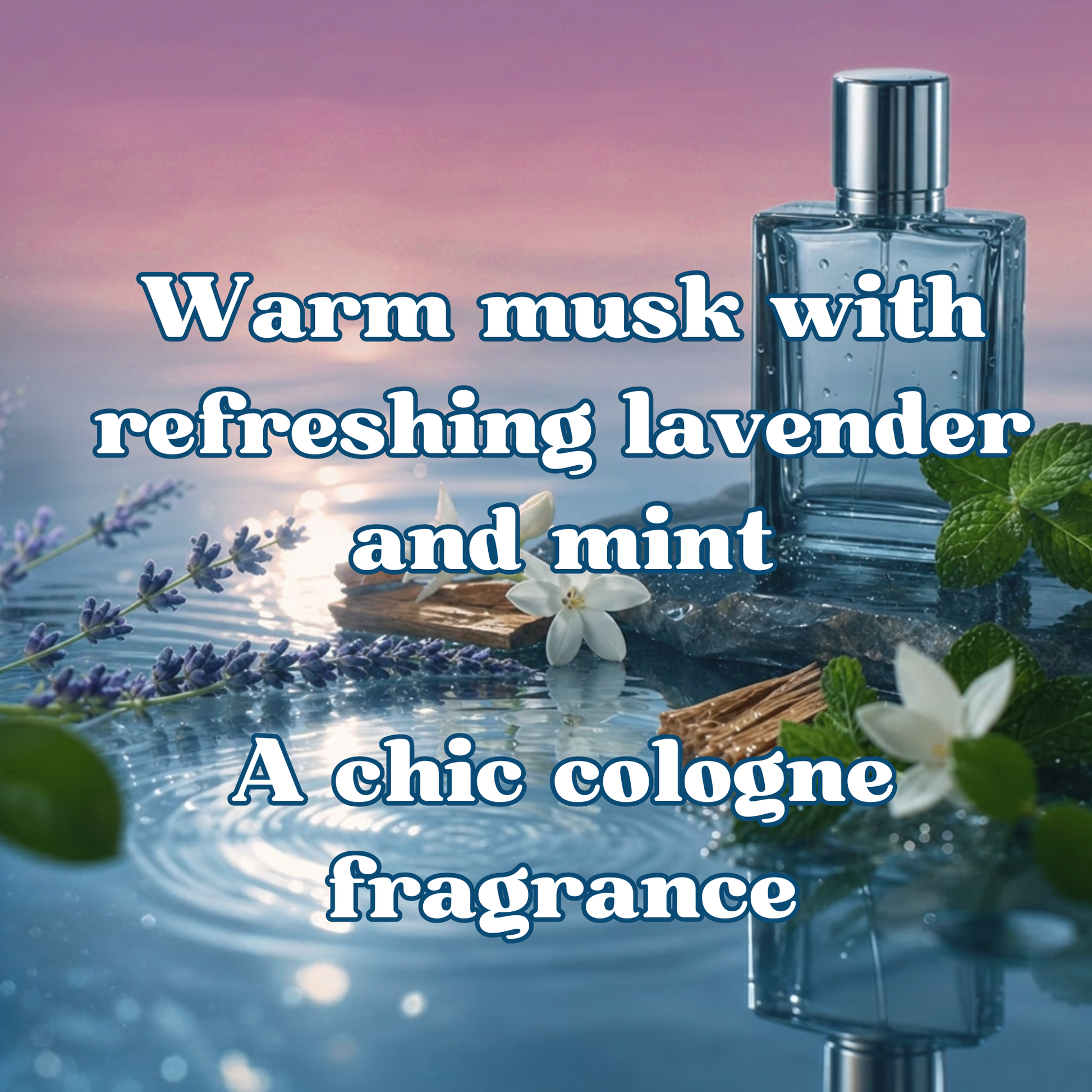 Perfume bottle with botanical and leaves on a water surface with a scenic background