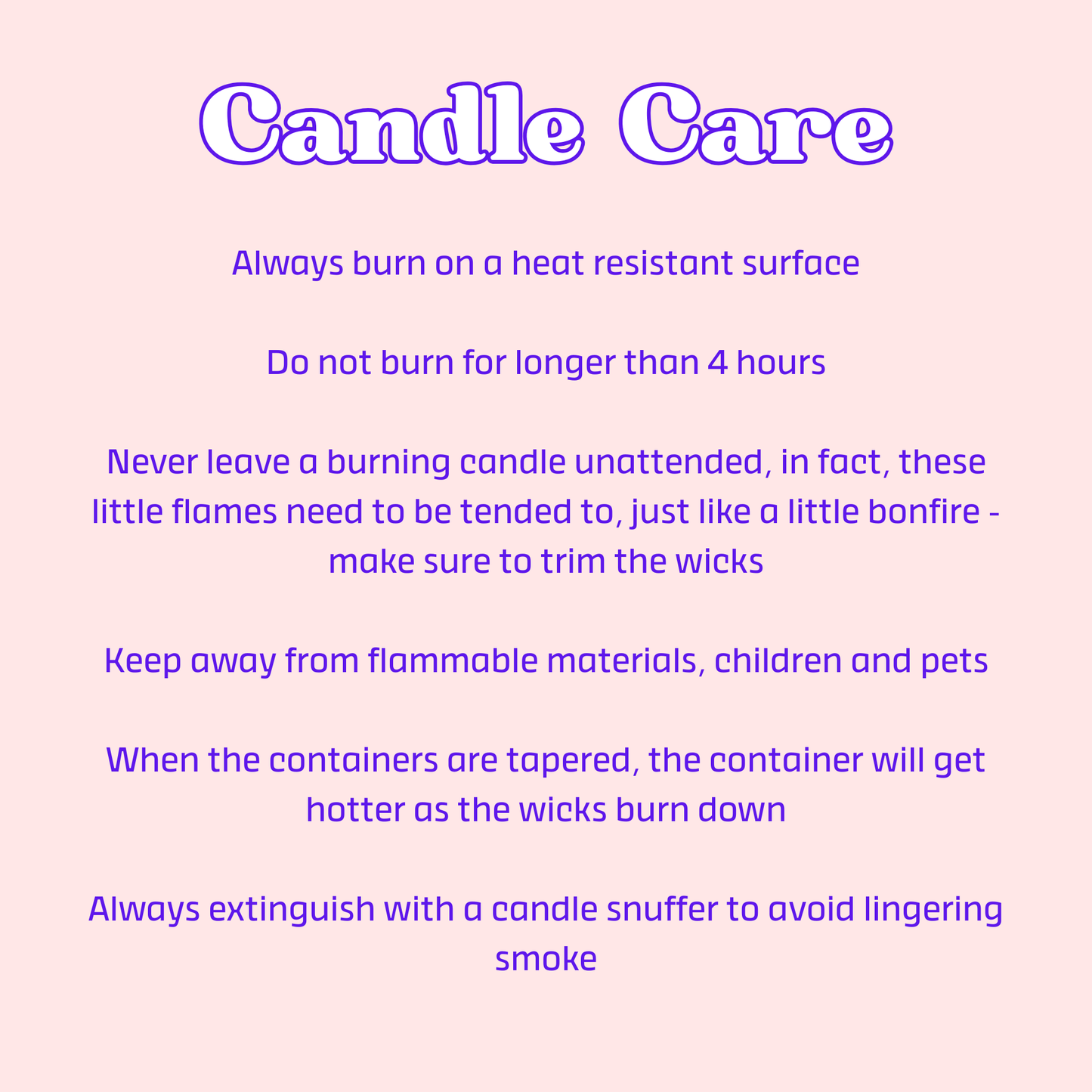 Candle care instructions on a pink background