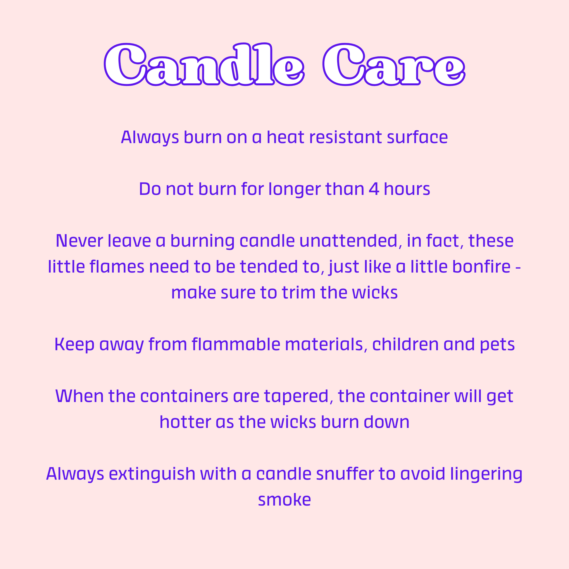 Candle care instructions on a pink background