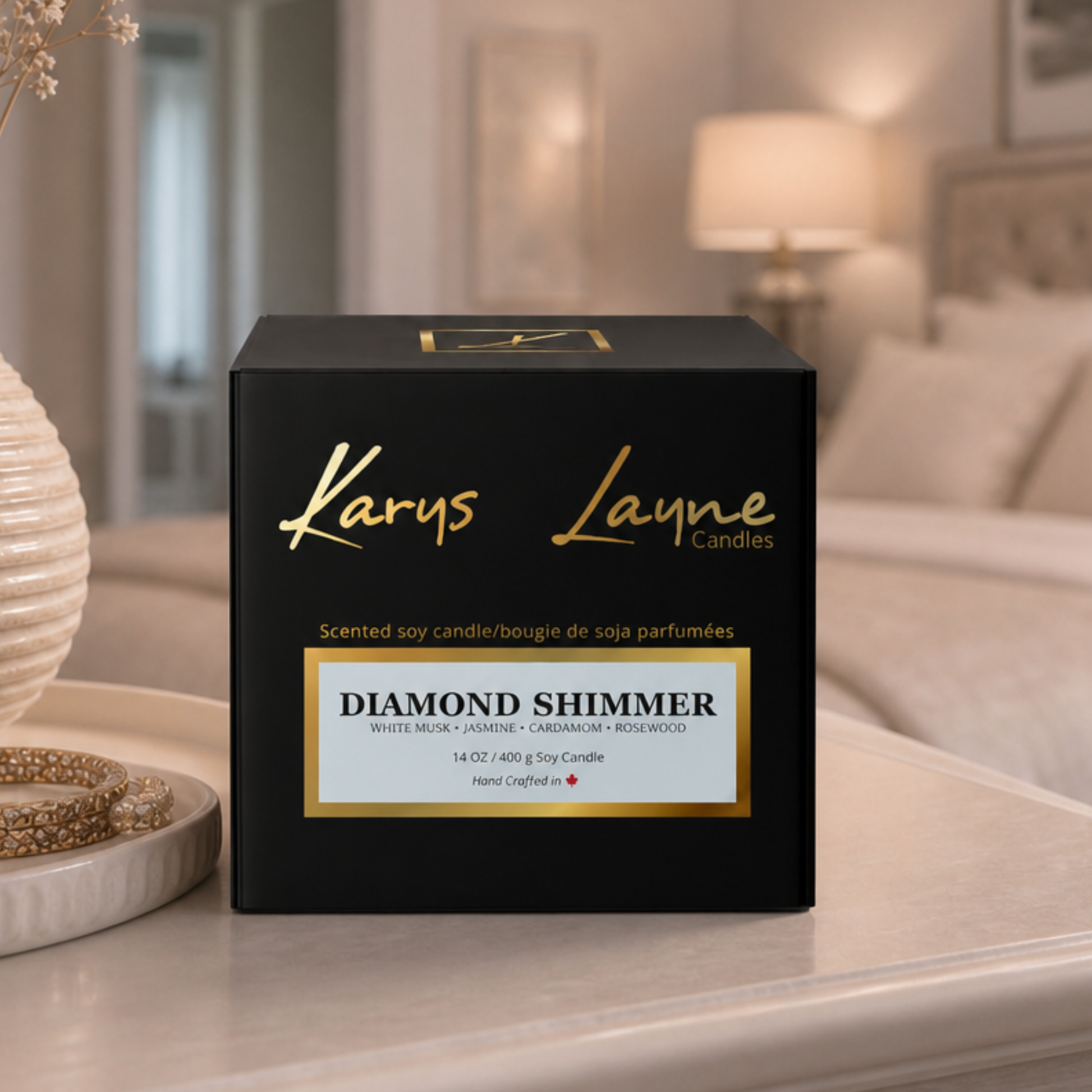 A soft, floral blend of white musk, jasmine, and cardamom. Hand-poured Canadian soy candle with a crackling wooden wick.