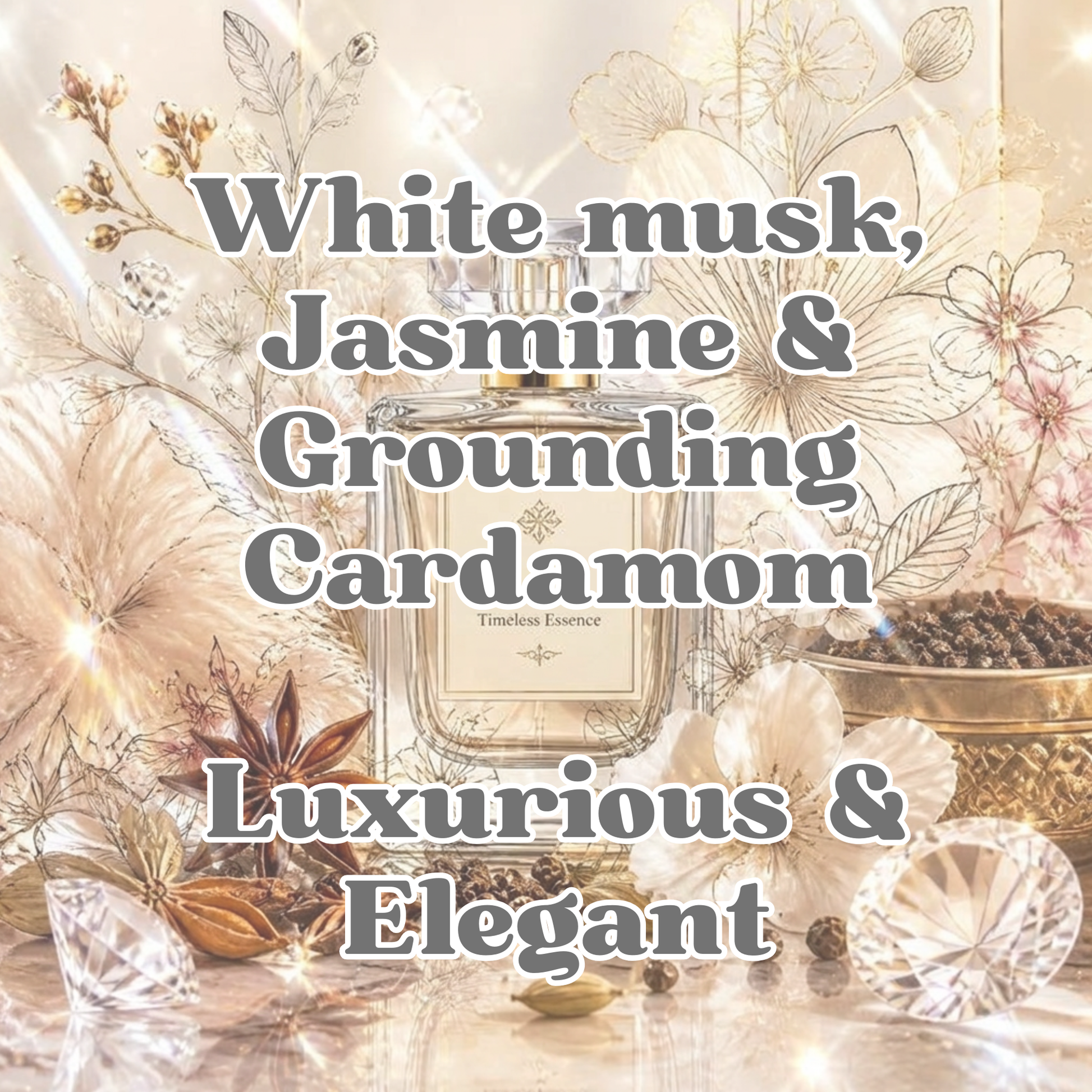 A decorative composition with large overlaid text reading 'White musk, Jasmine & Grounding Cardamom' and 'Luxurious & Elegant.' The scene includes floral line art, crystals, spices, and warm golden lighting.
