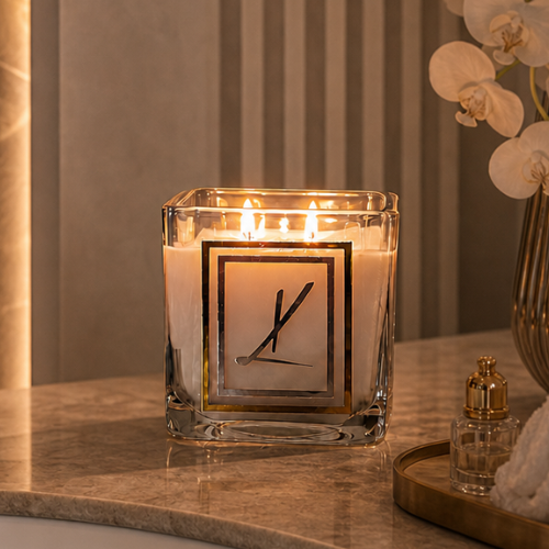 A lit square glass jar candle with three flames sits on a marble countertop in a warm, elegant interior setting. The candle has a cream-colored wax and a clear glass container with a gold and black geometric label in the center.
