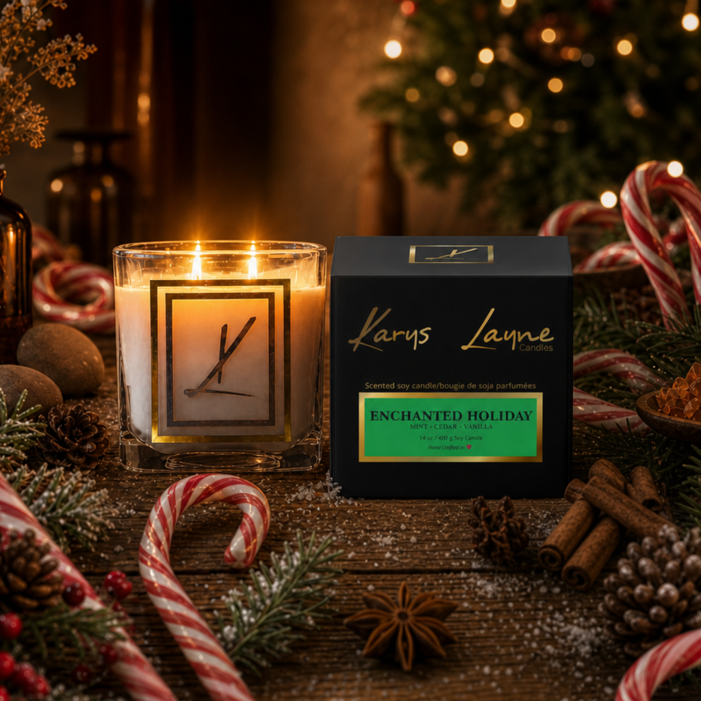 Enchanted Holiday Christmas candle scented with chocolate and peppermint. Best selling Karys Layne scented soy candle.