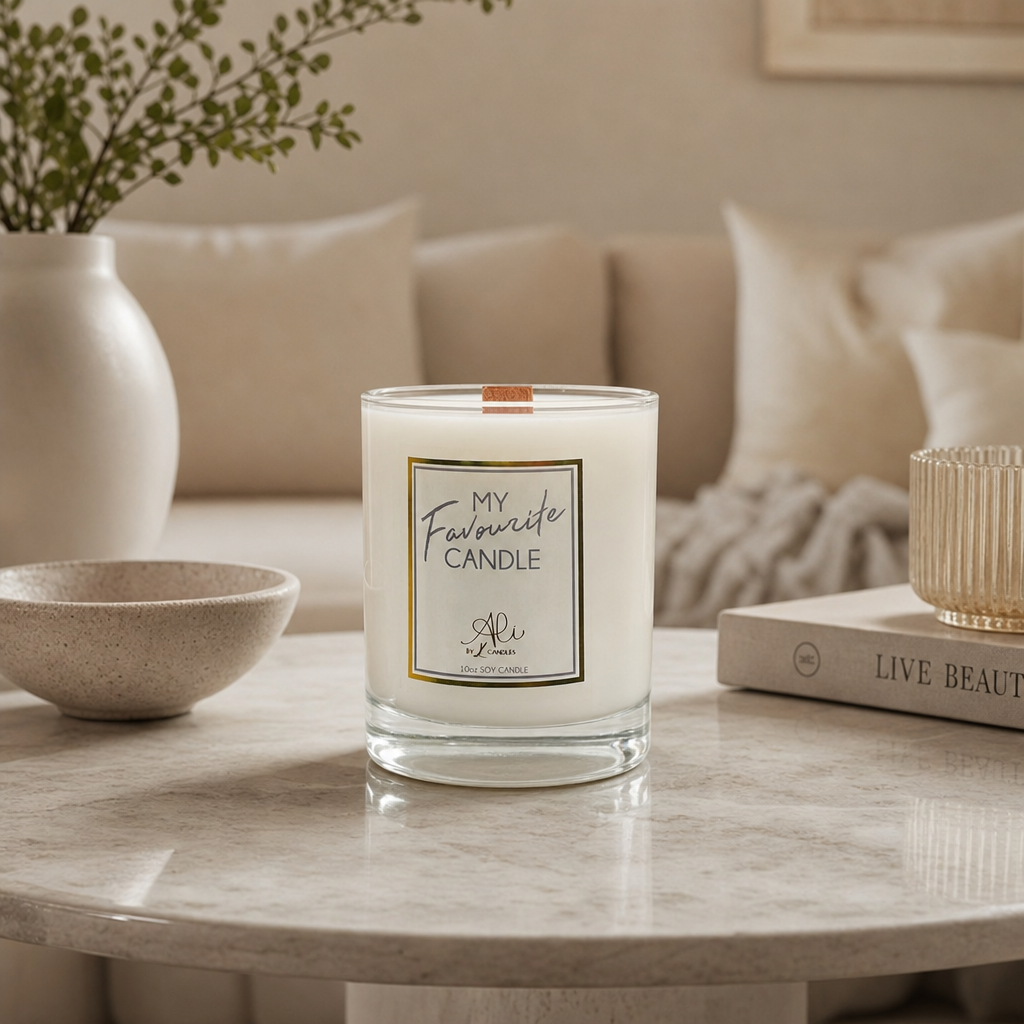 Lit 10oz My Favorite Candle by Karys Layne with warm amber and sweet blackberry vanilla scent