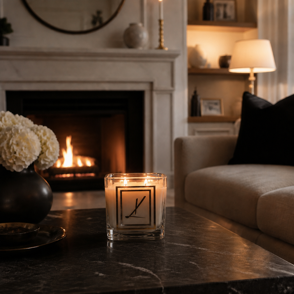 A lit candle in a clear square glass jar sits on a dark marble coffee table in a cozy living room with a fireplace, sofa, and warm ambient lighting.