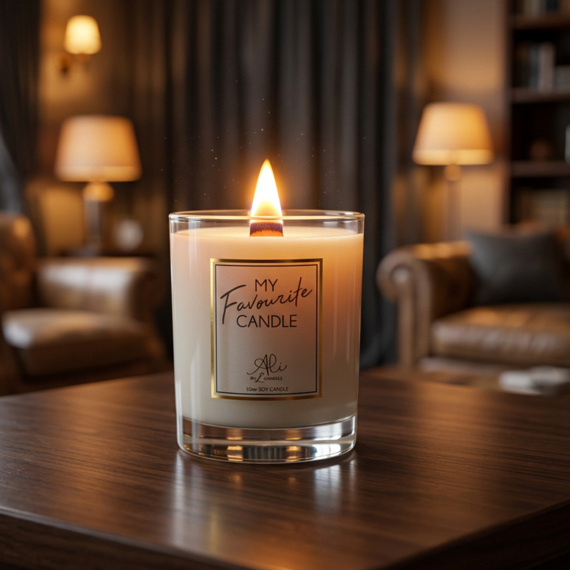 Lit candle labeled 'My Favorite Candle' on a wooden table with a cozy room background.