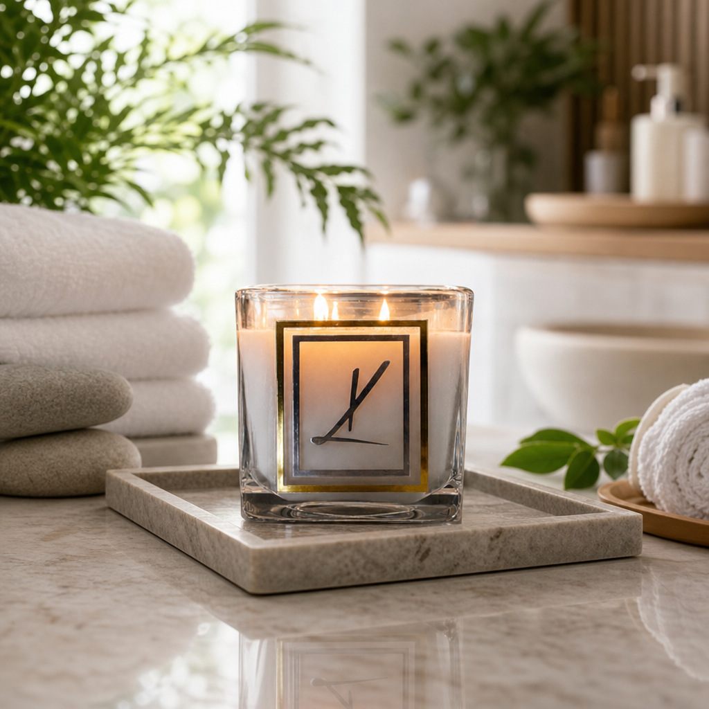 elegant dual wooden wick lit candle in a spa setting. Serene and peaceful setting with mint, folded towels and sunlight cascading in the background.