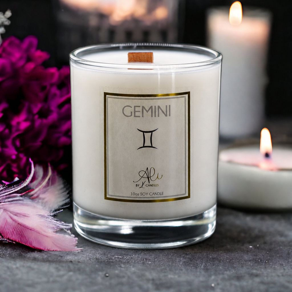 Gemini zodiac scented soy candle with amber, sandalwood and citrus