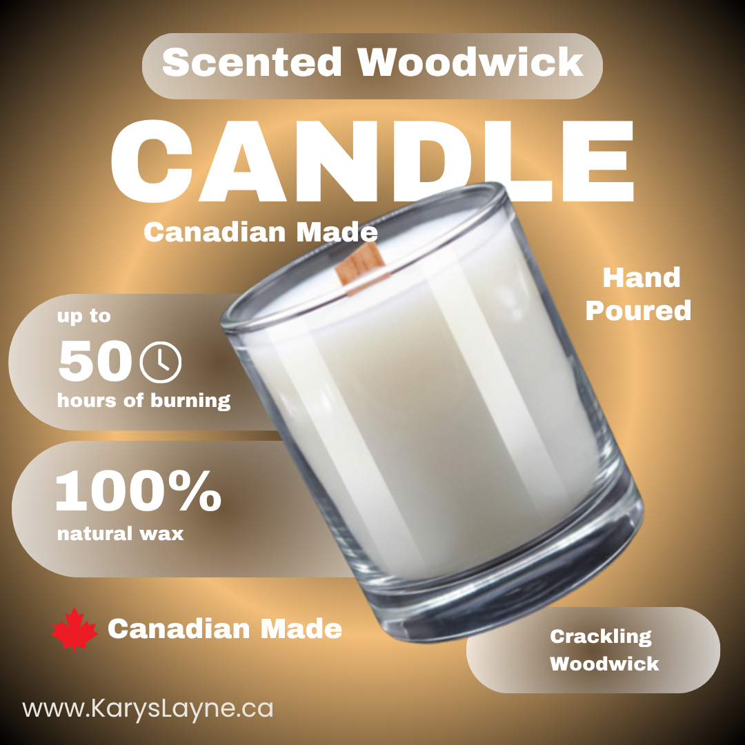 A promotional graphic for a scented woodwick candle in a clear glass jar with white wax and a small wooden wick, set against a warm brown gradient background with text highlighting Canadian Made, hand poured, up to 50 hours of burning, 100% natural wax, and crackling woodwick scent.