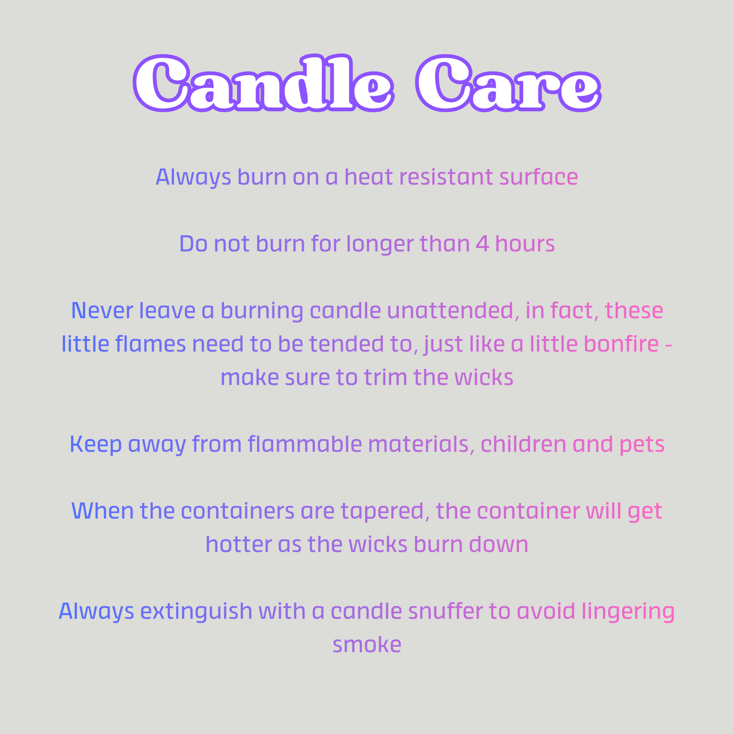 Text on candle care instructions with a light gray background