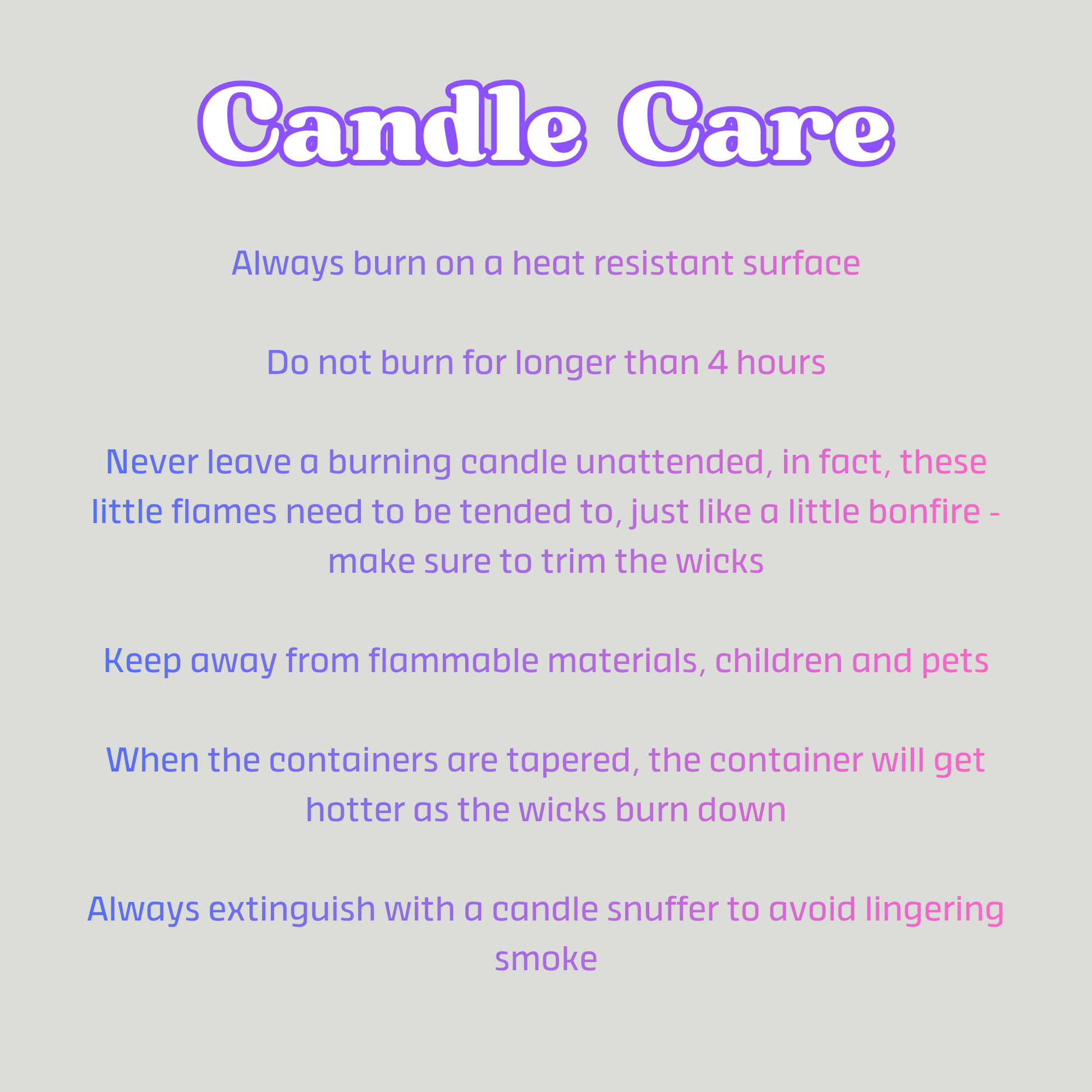 Text on candle care instructions with a light gray background