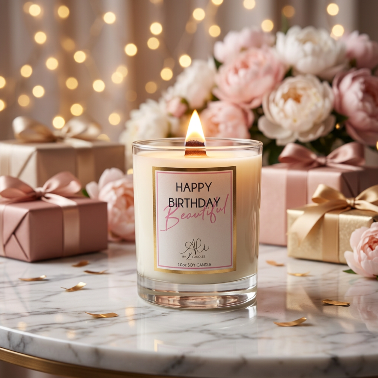 Candle with 'Happy Birthday Beautiful' label on a marble surface with flowers and gifts in the background