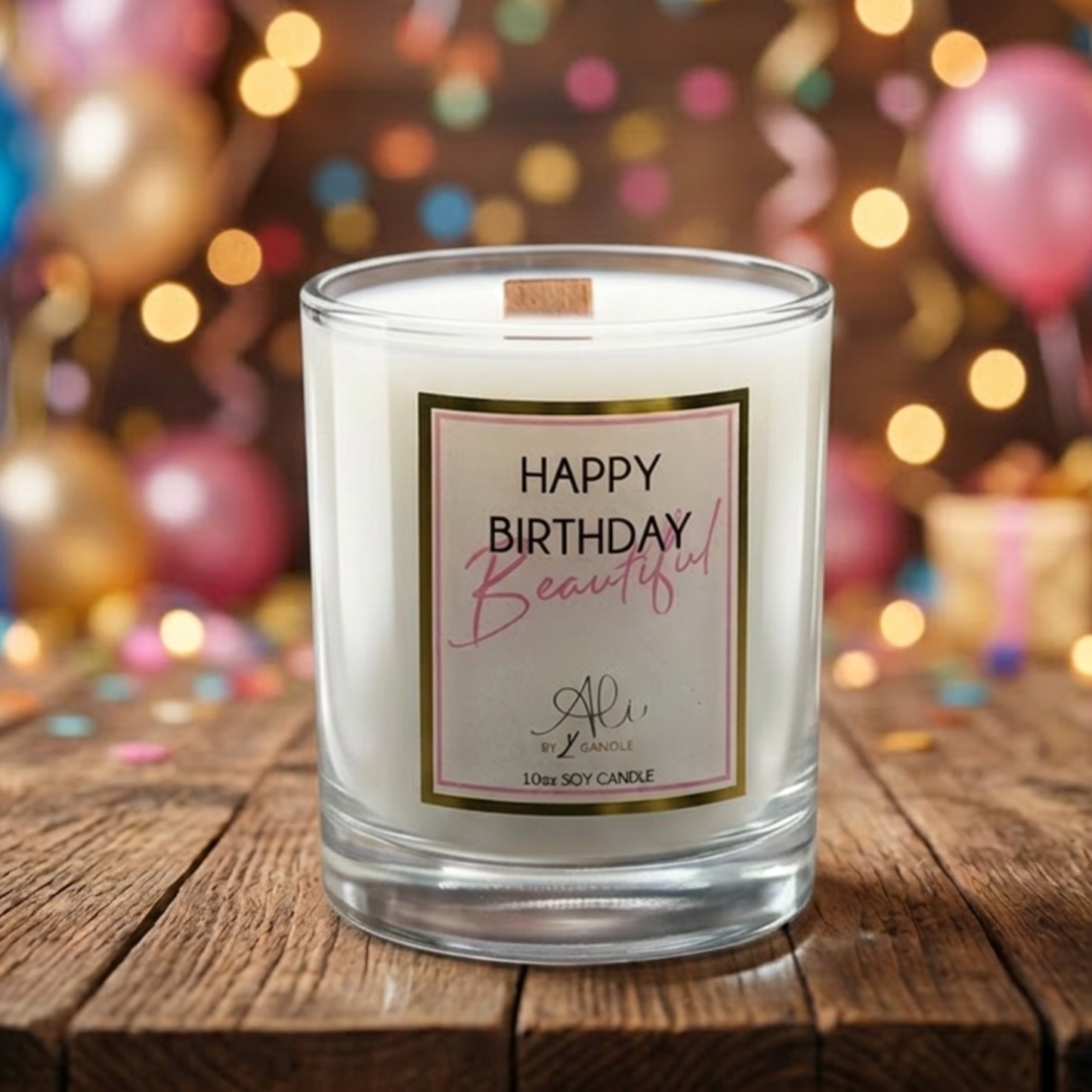 Happy Birthday Beautiful 10oz soy candle in a clear glass jar with buttery vanilla scent