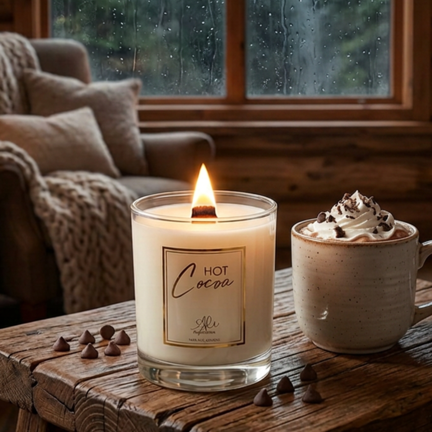 Lit Hot Cocoa wood wick candle with rich chocolate and sugary marshmallow fragrance