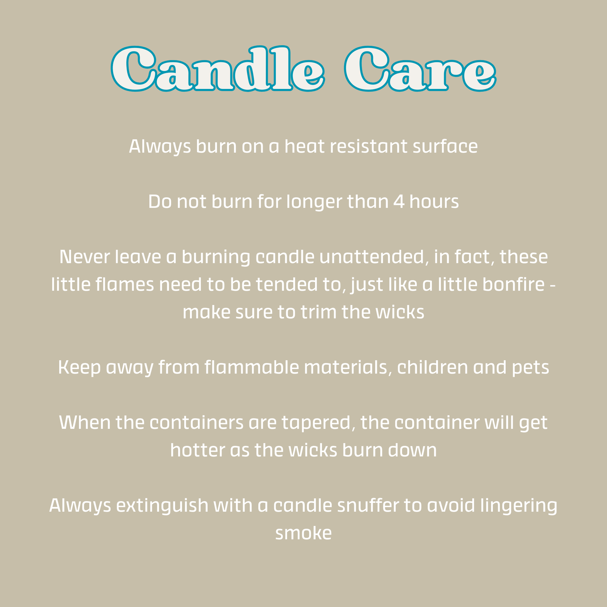 Text on candle care instructions with a beige background