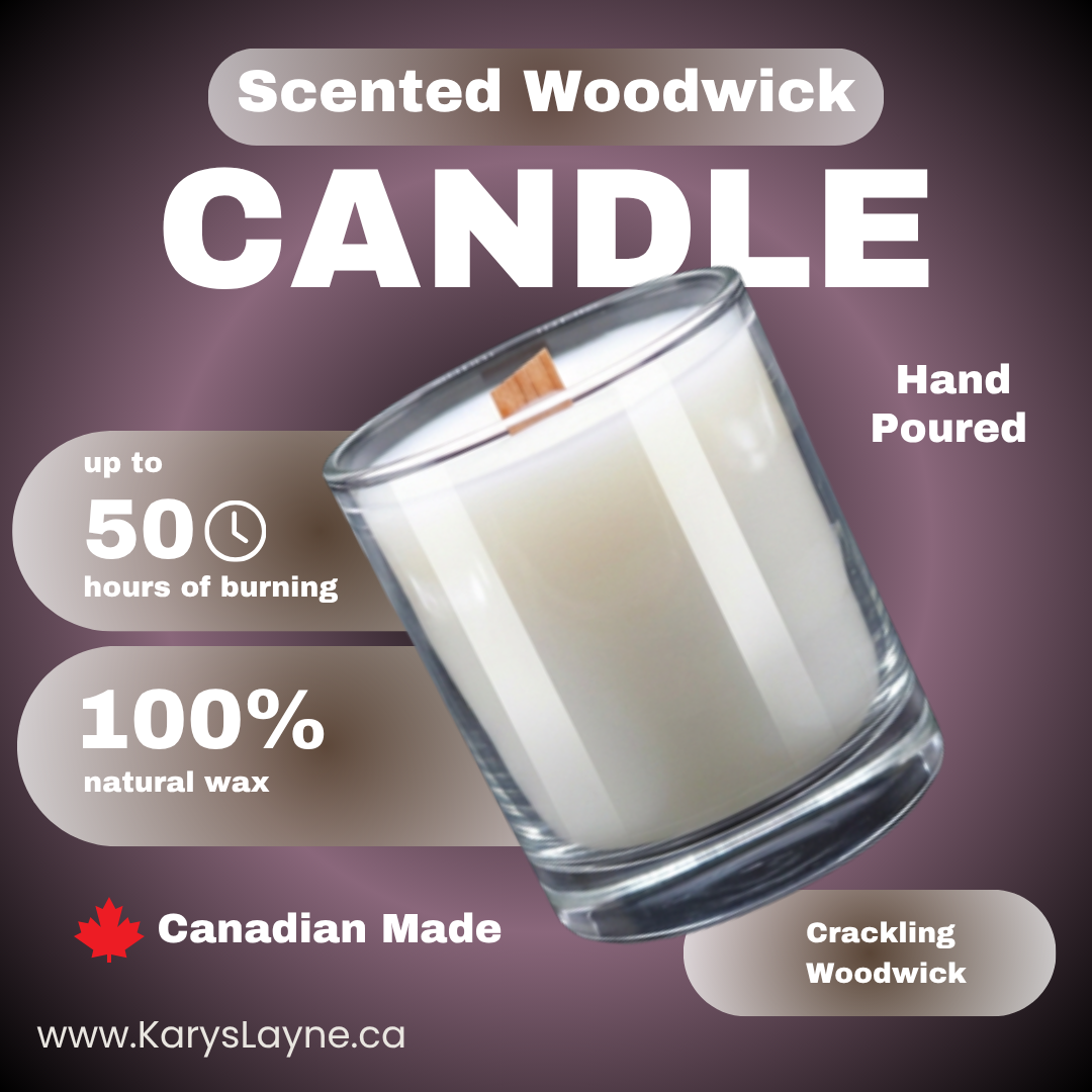 A promotional product graphic for a Scented Woodwick Candle. The candle is shown in a clear glass jar with off-white wax and a small wooden wick.