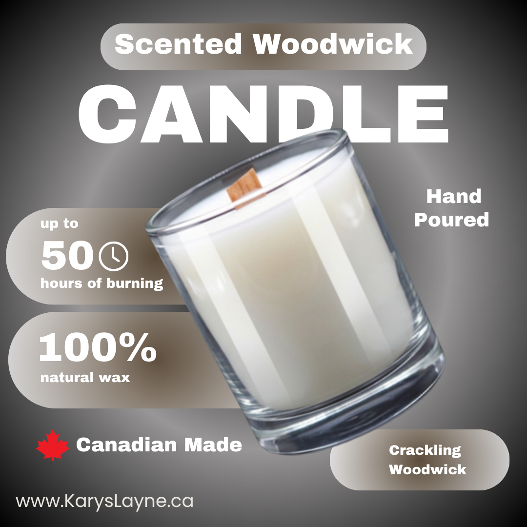 A hand-poured scented woodwick candle in a clear glass jar with white wax and a wooden wick, shown on a dark gray background with promotional text including 'up to 50 hours of burning', '100% natural wax', 'Canadian Made', and 'Crackling Woodwick'.