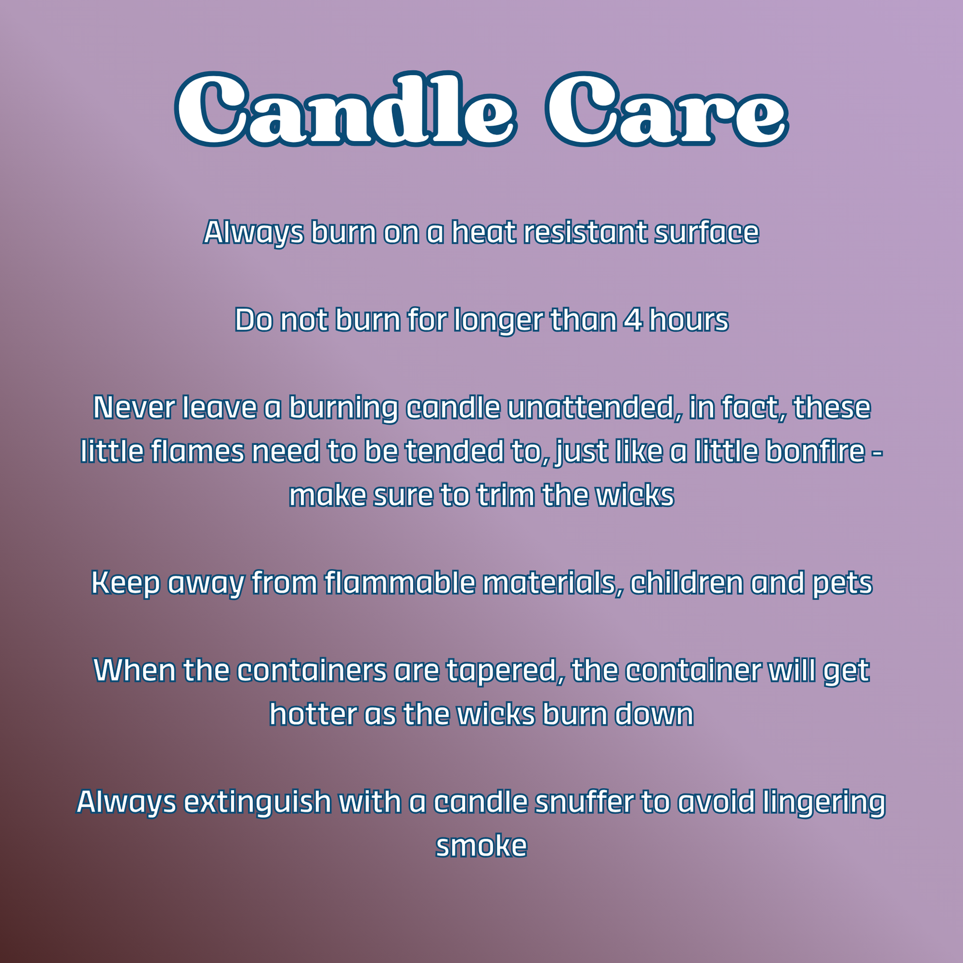 Candle care instructions on a purple background