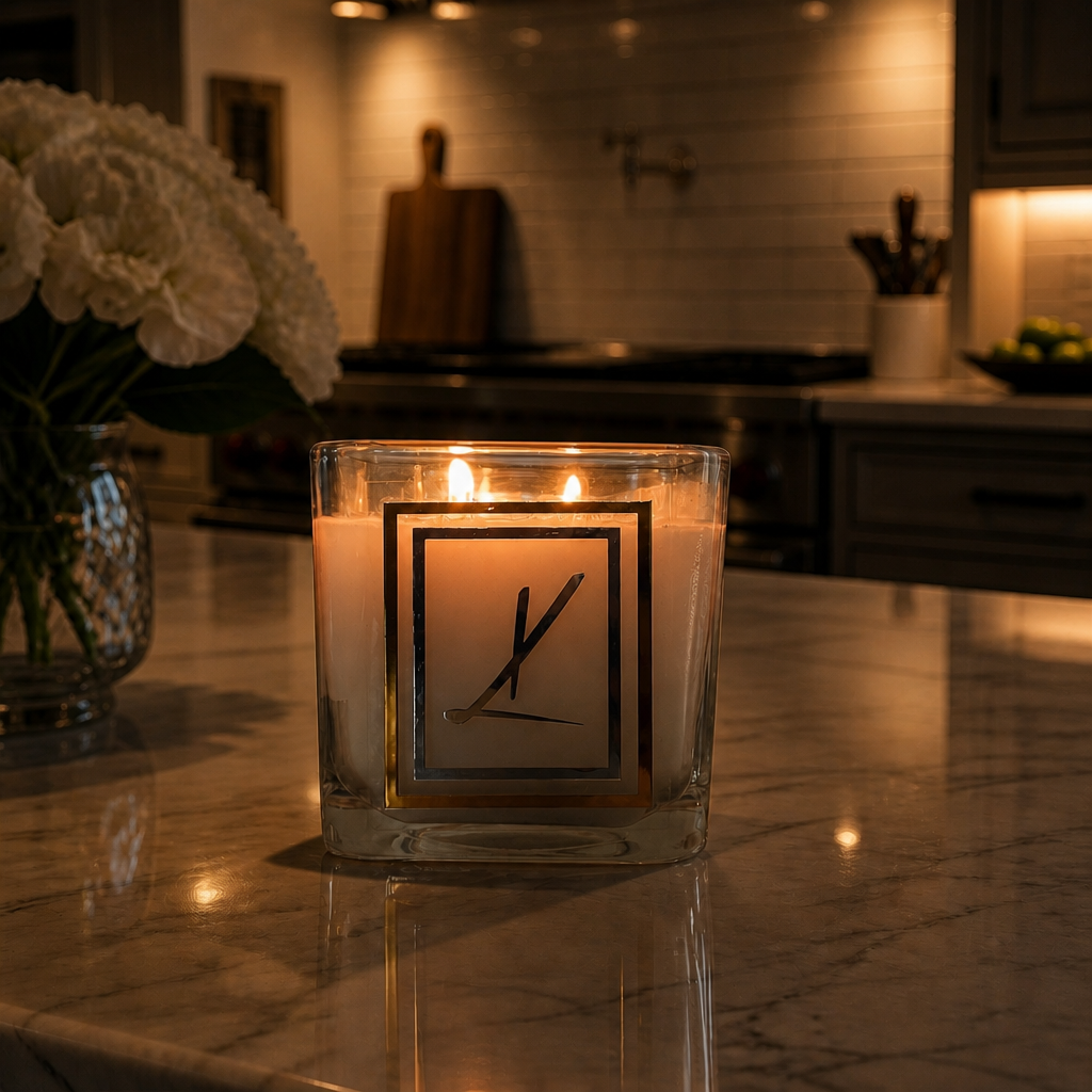 A lit candle in a clear square glass jar sits on a polished marble kitchen counter, with a blurred kitchen interior in the background and white flowers in a vase to the left.