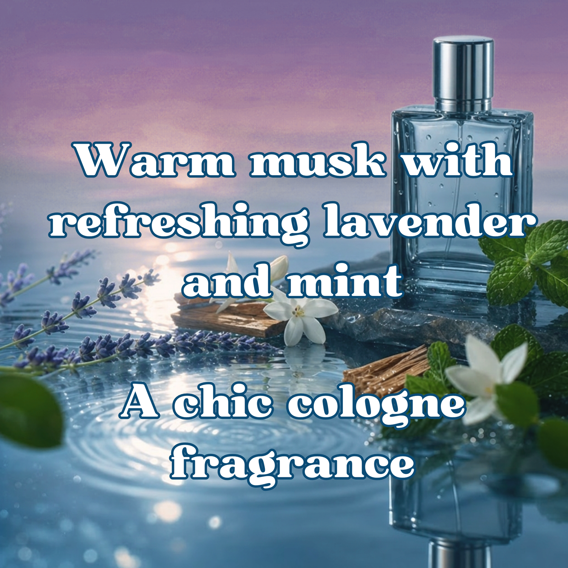 Perfume bottle with botanicals and leaves on a water surface with a scenic background