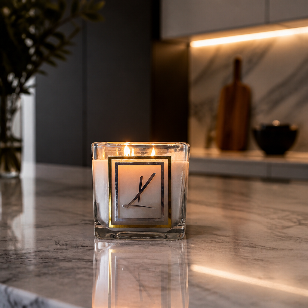 A lit square glass jar candle with white wax and a Karys Layne gold label sits on a polished marble countertop in a modern kitchen setting.