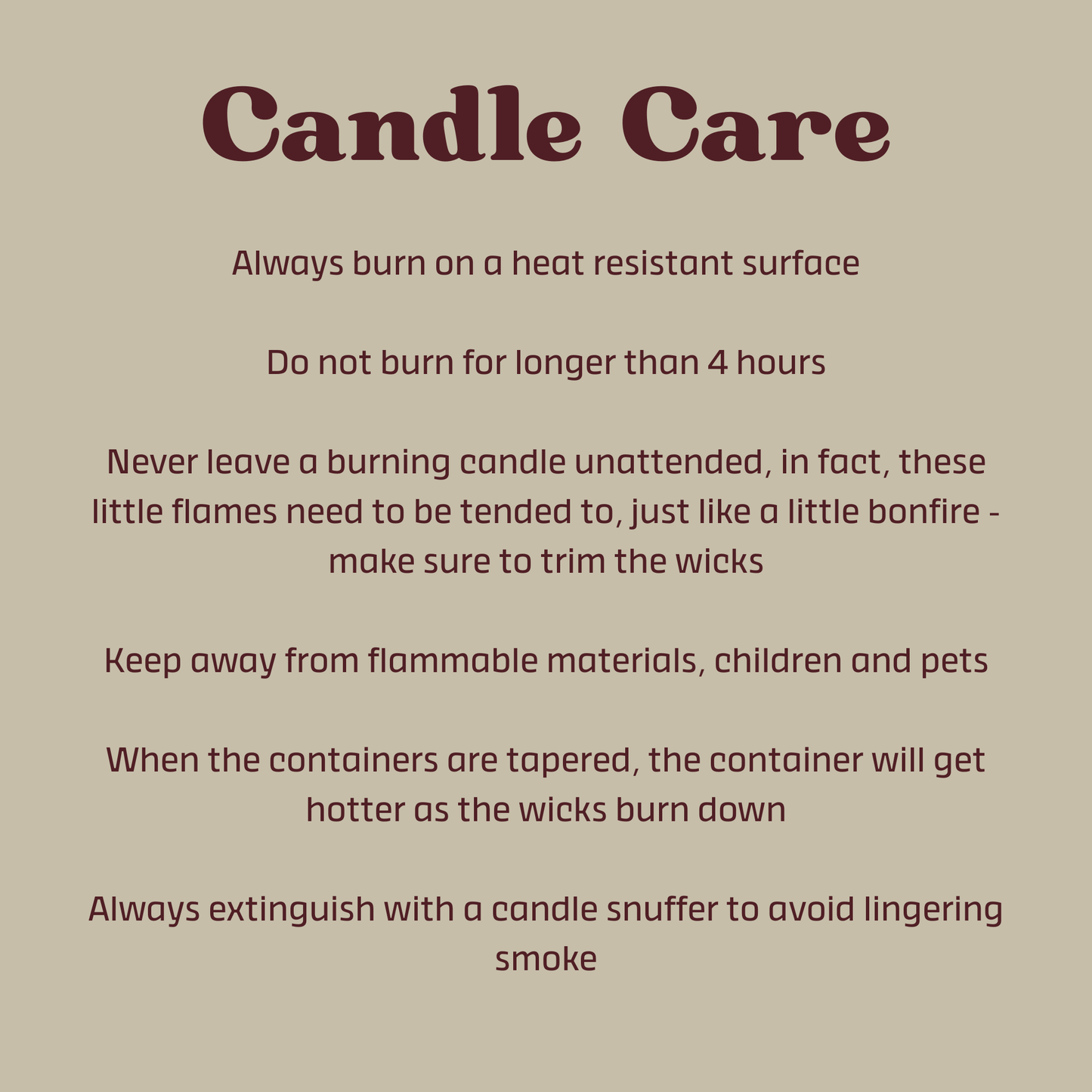 Text-based candle care instructions on a beige background