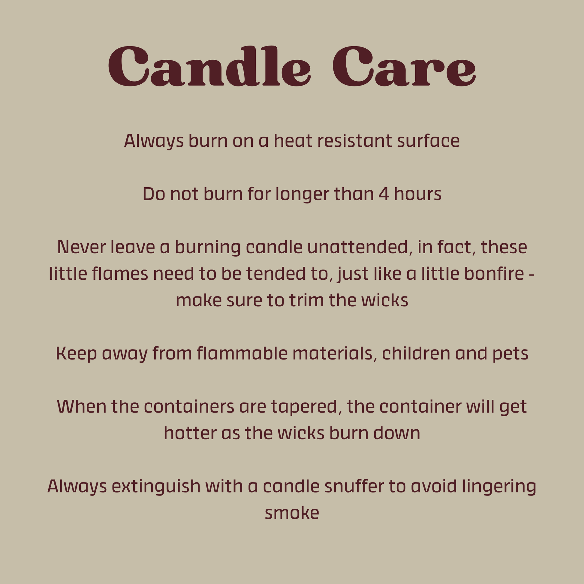 Text-based candle care instructions on a beige background