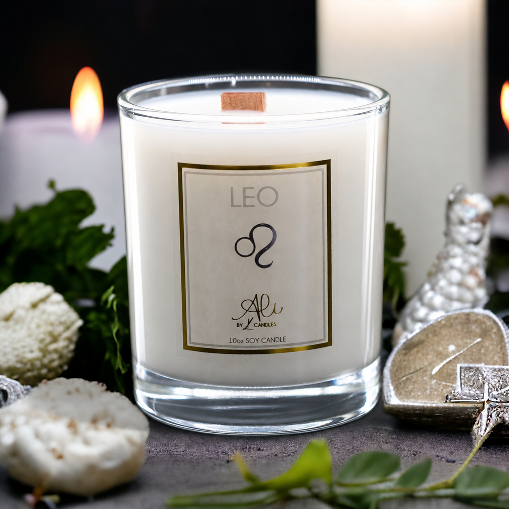 Leo zodiac scented soy candle with crackling wooden wick