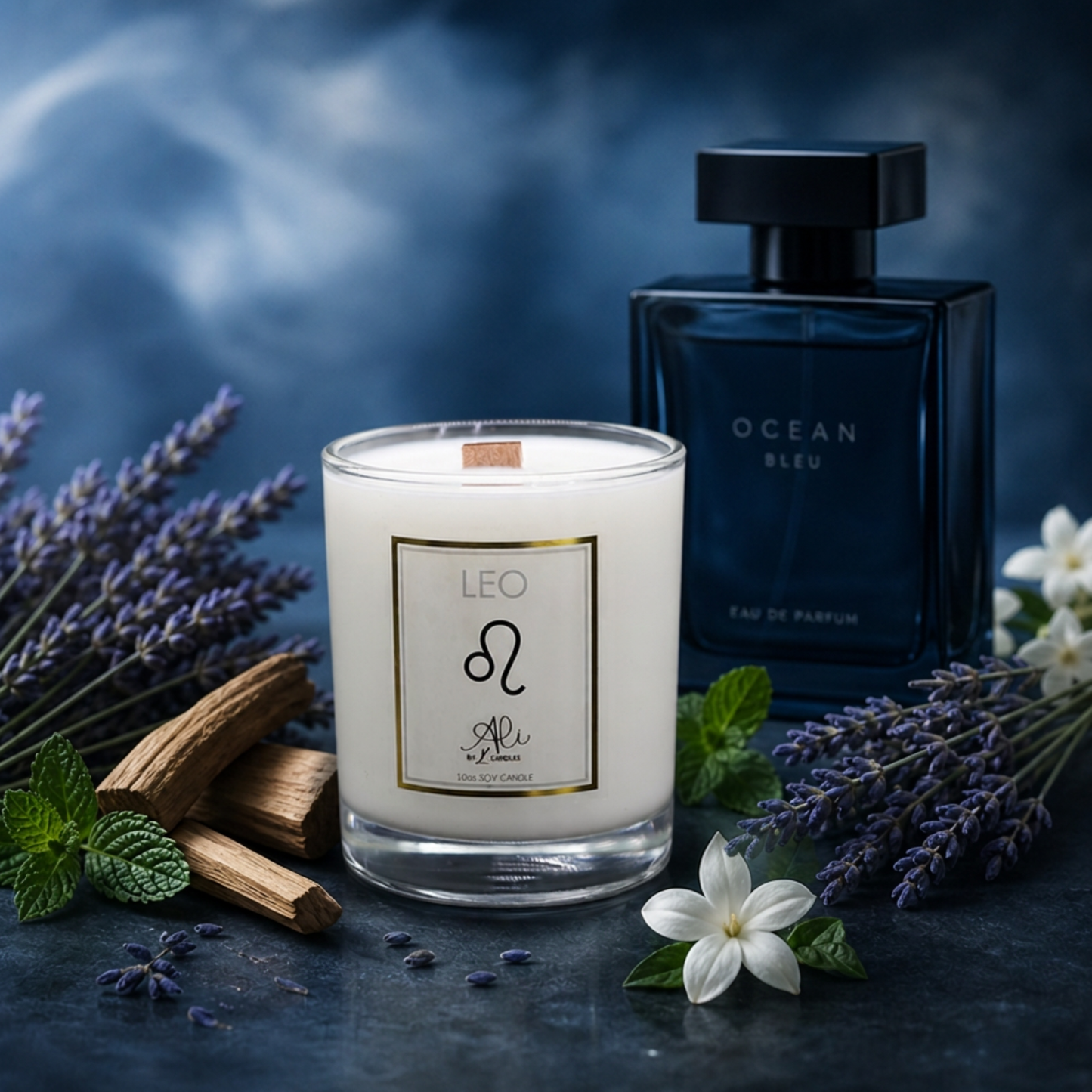 Candle and perfume bottle with lavender and flowers on a dark background