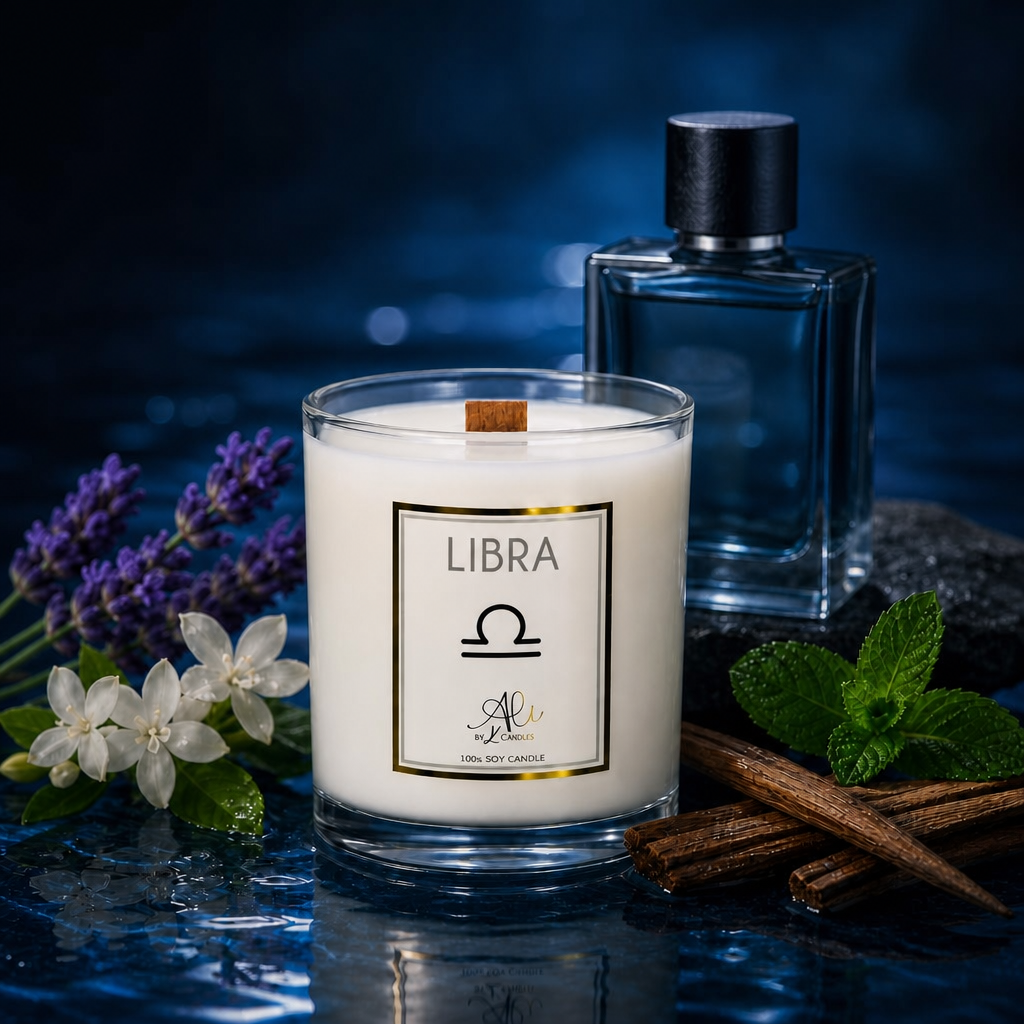 Candle labeled 'Libra' with a bottle of perfume, lavender, and cinnamon sticks on a dark background