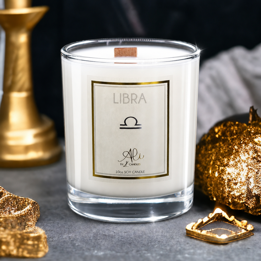 Libra zodiac scented soy candle with amber, sandalwood and citrus