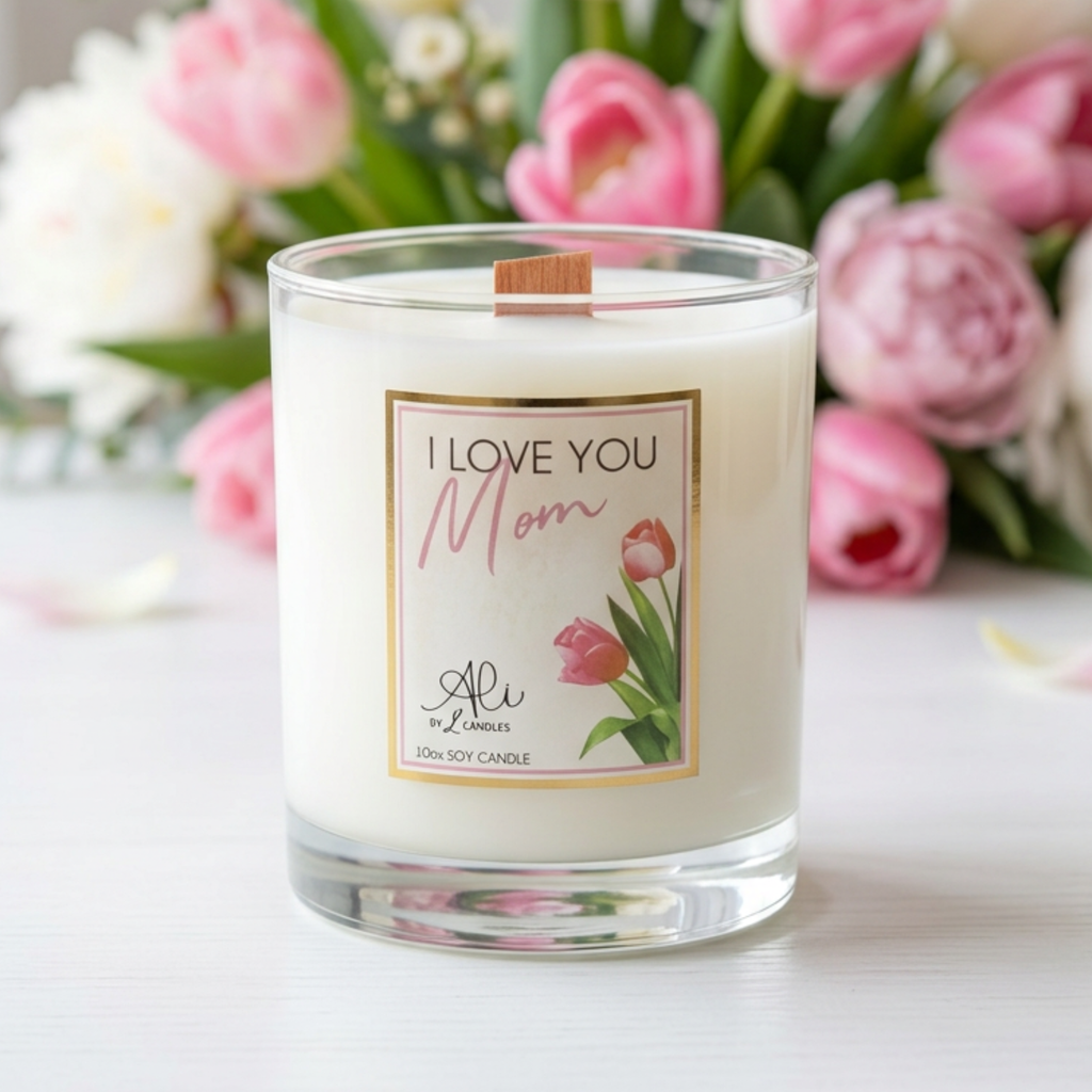 I Love You Mom bestselling 10oz soy candle with rose and jasmine scent.
