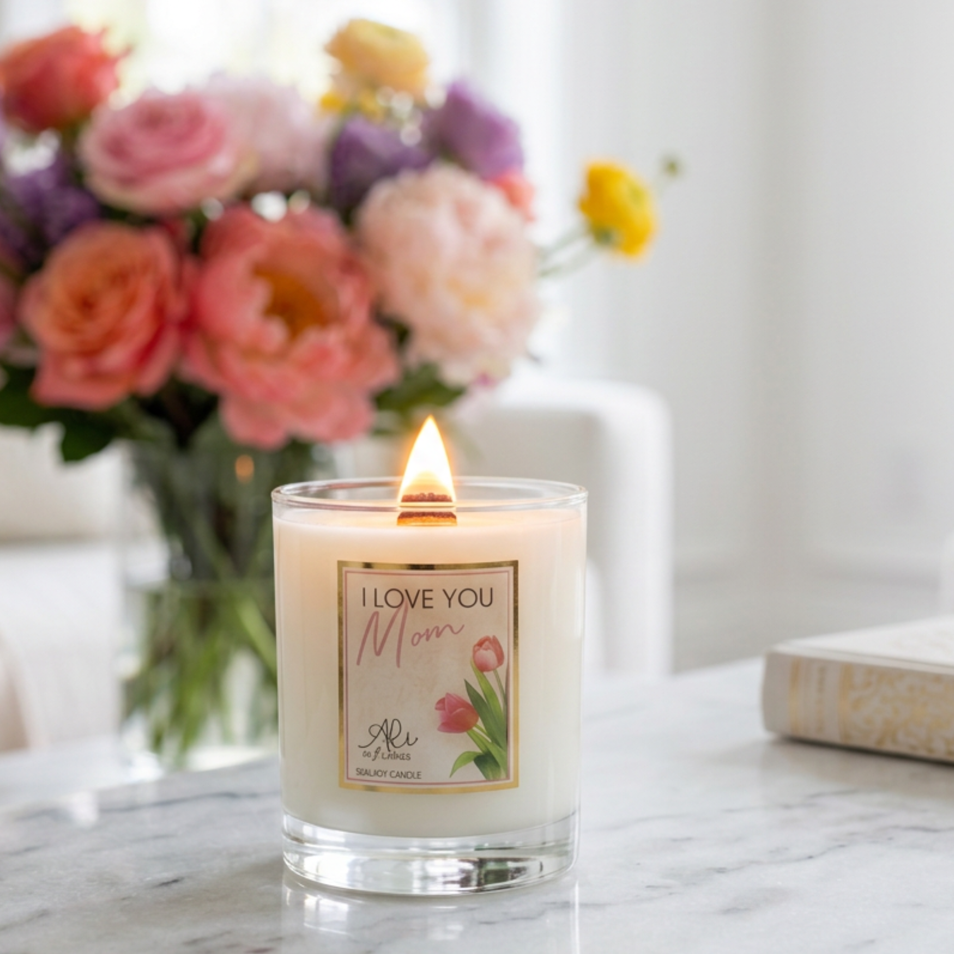 I Love You Mom Mother's Day gift candle with rose and jasmine fragrance