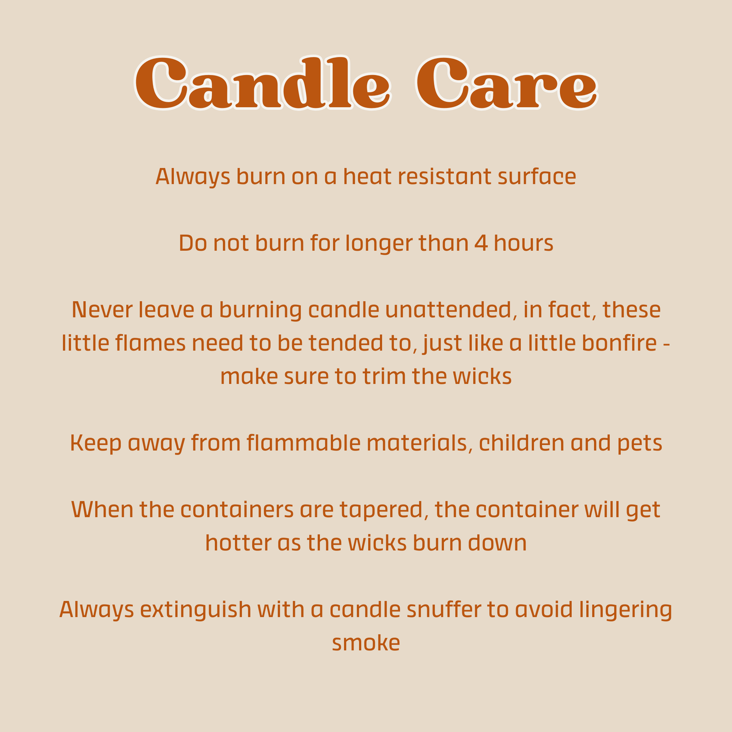 Text on candle care instructions with a beige background