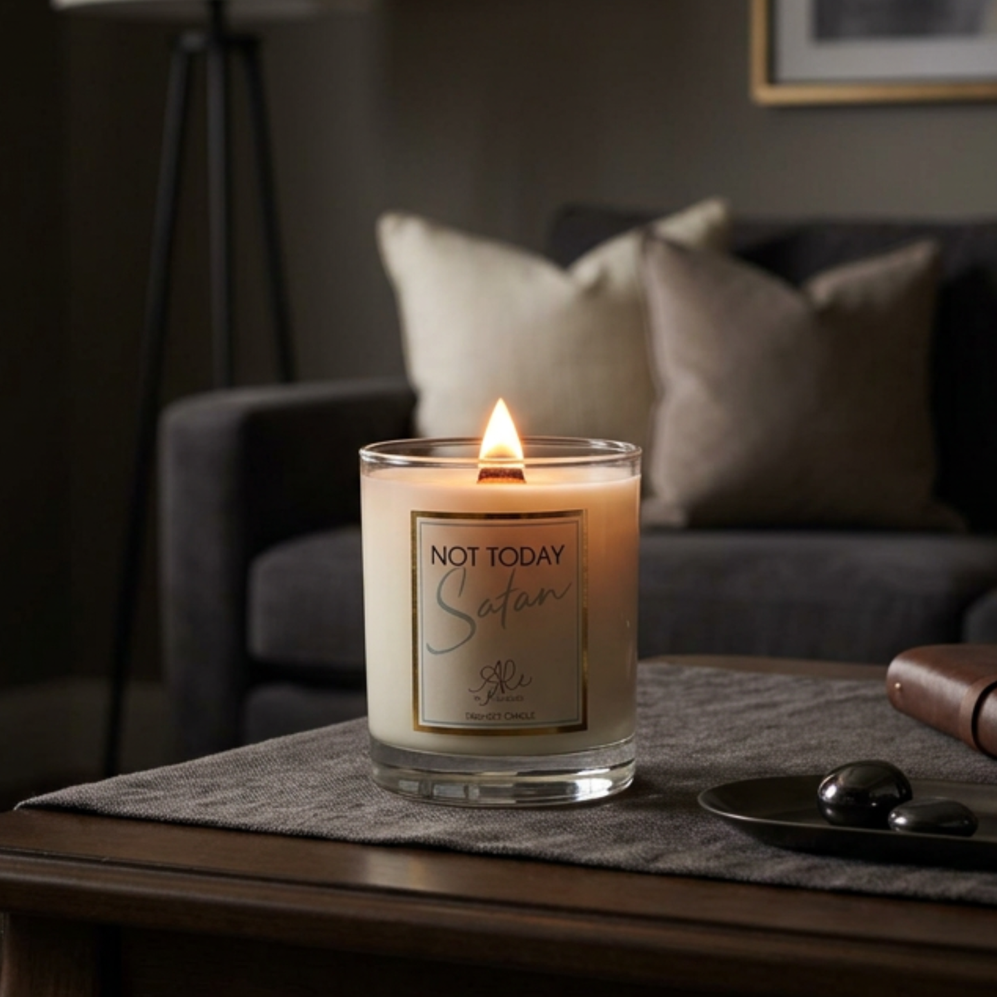 Not Today Satan white musk and jasmine fragrance,  relaxing soy candle by Karys Layne