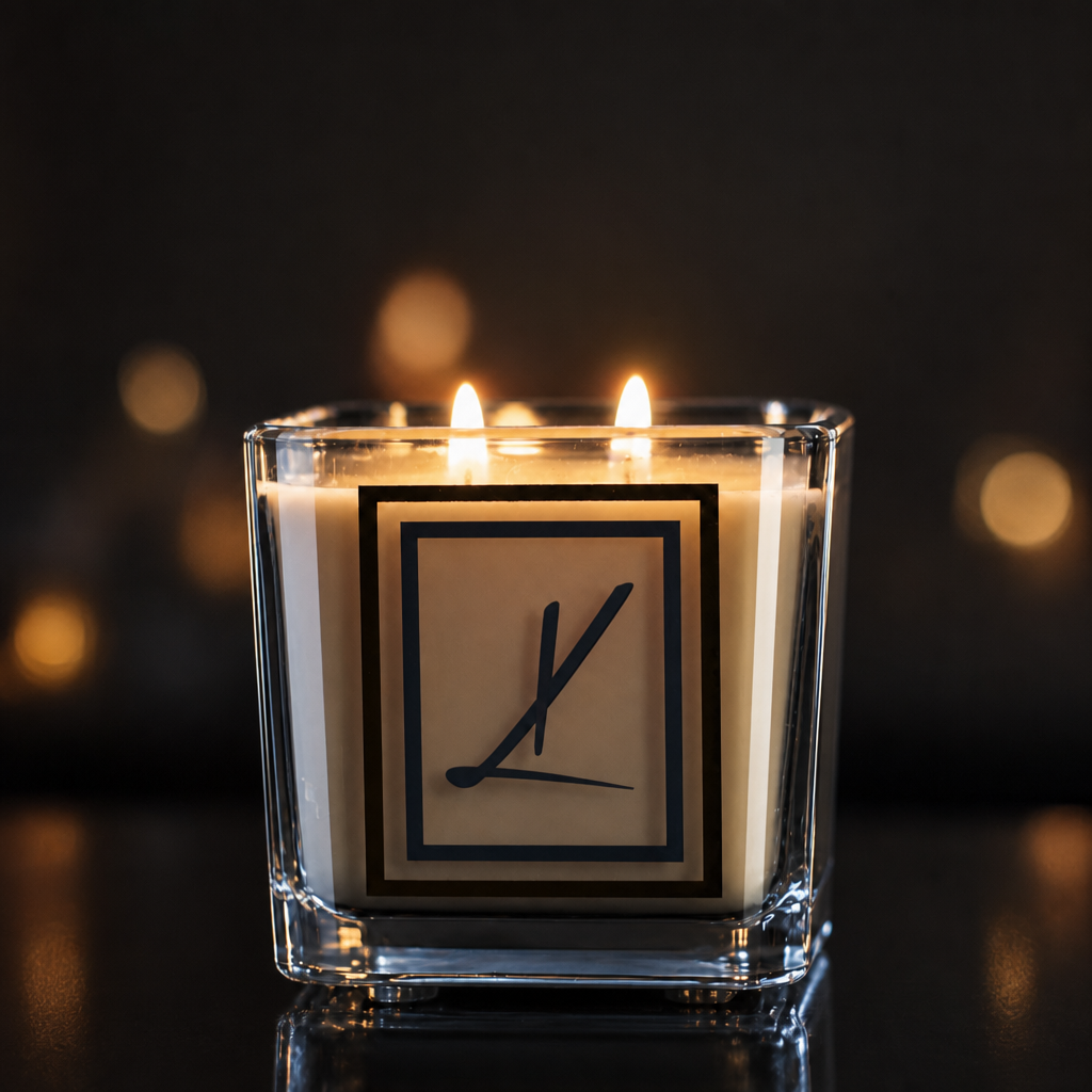 A double-wick scented candle in a clear square glass jar with two lit flames, set against a dark background with warm bokeh lights. The candle features a cream-colored label with a black geometric logo.