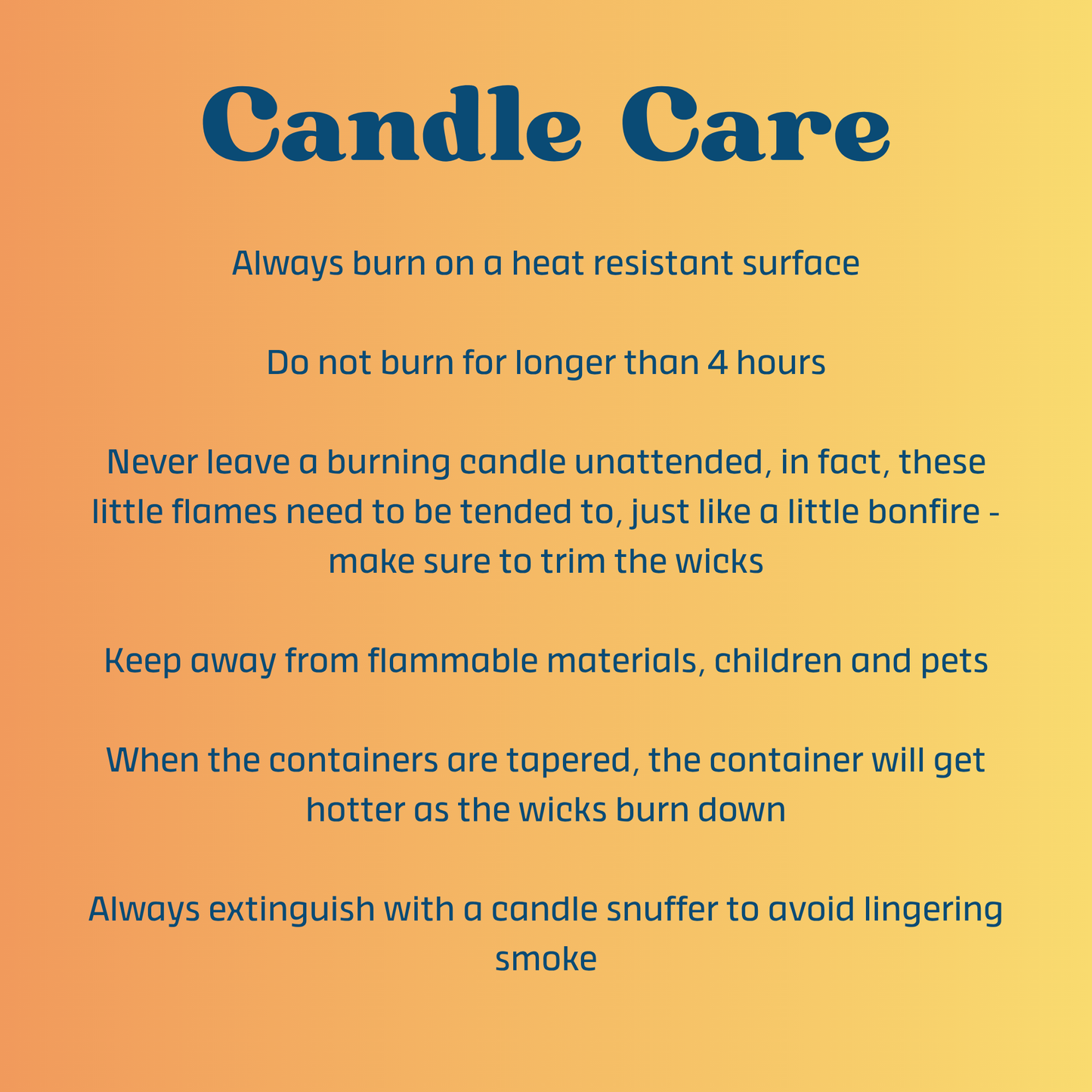 Candle care instructions on an orange background