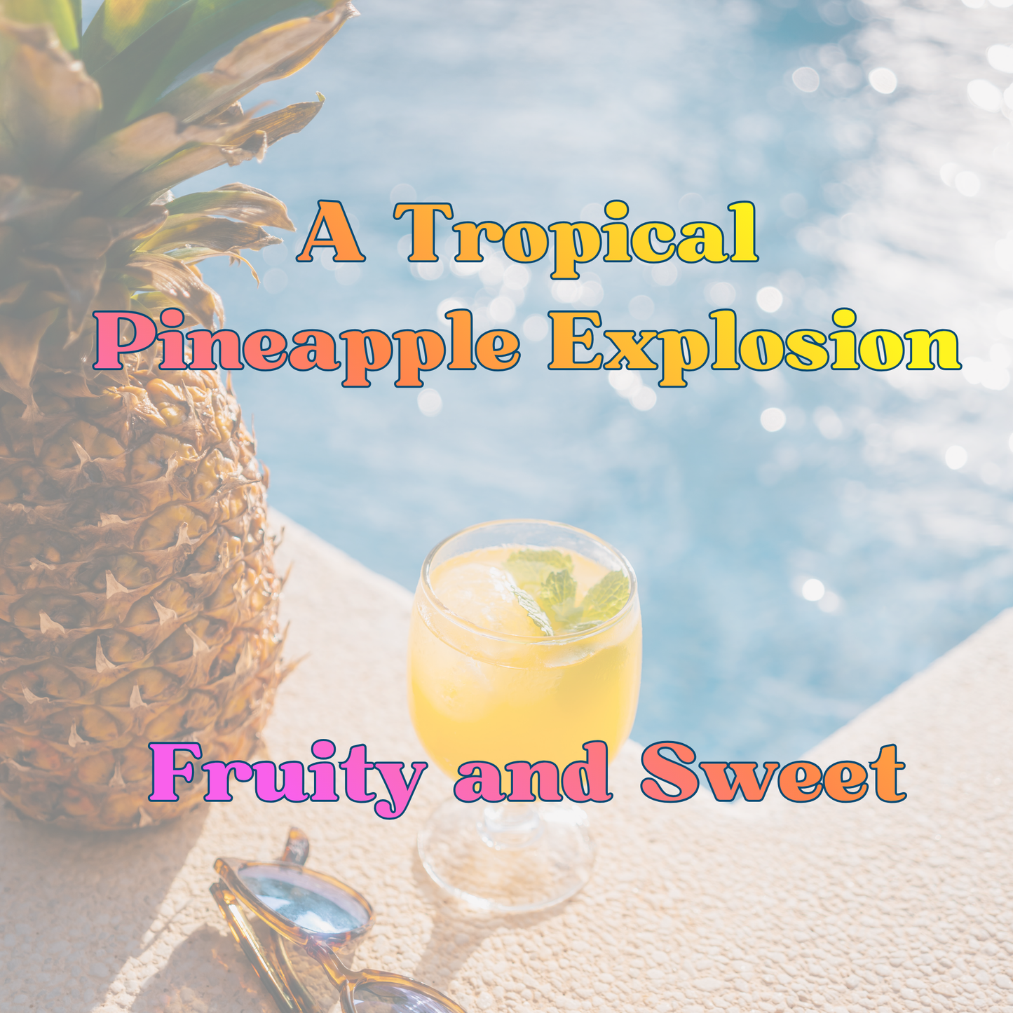 Pineapple next to a glass of juice with sunglasses on a blurred beach background
