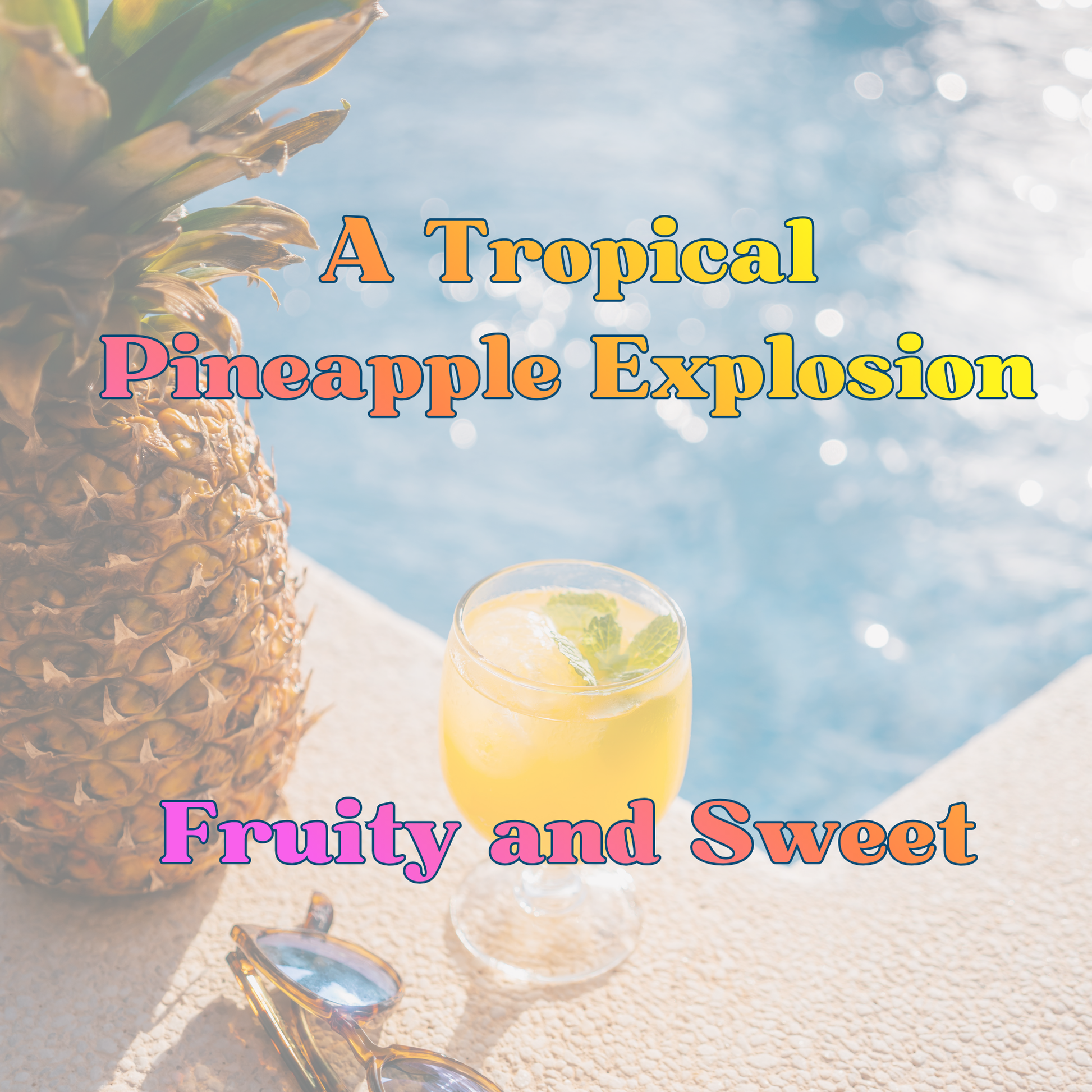 Pineapple next to a glass of juice with sunglasses on a blurred beach background