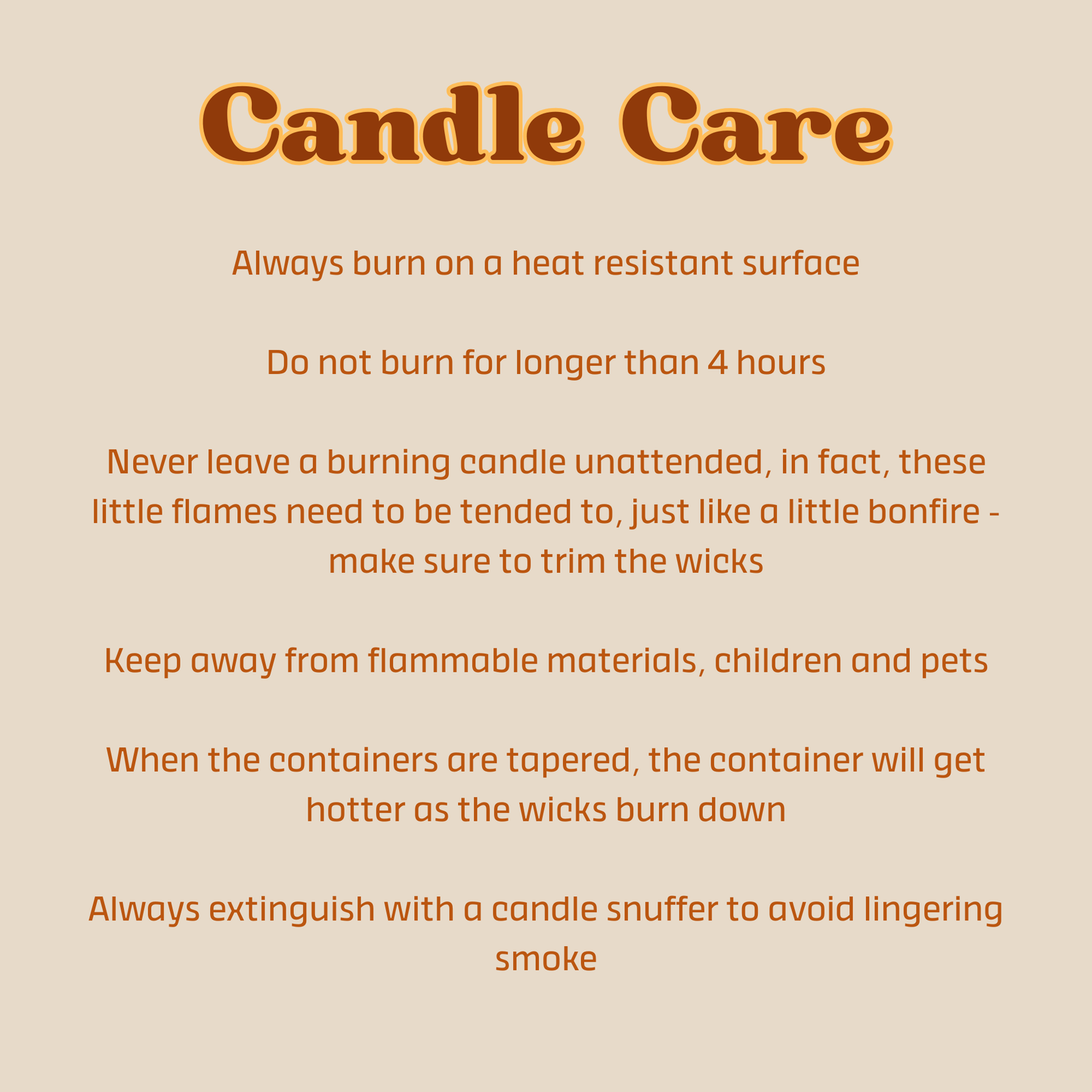 Candle care instructions on a beige background